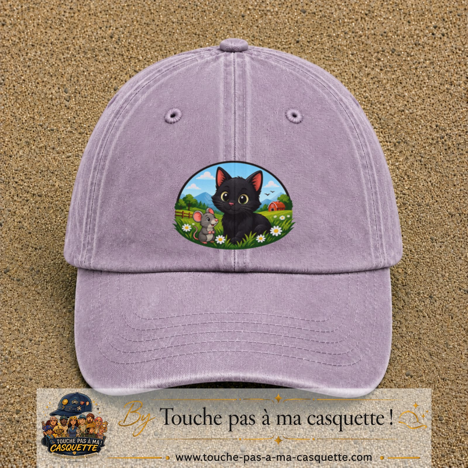 Casquette baseball Violet délavé 100% coton avec visuel Chat et souris à la ferme 7 cm - image produit principale