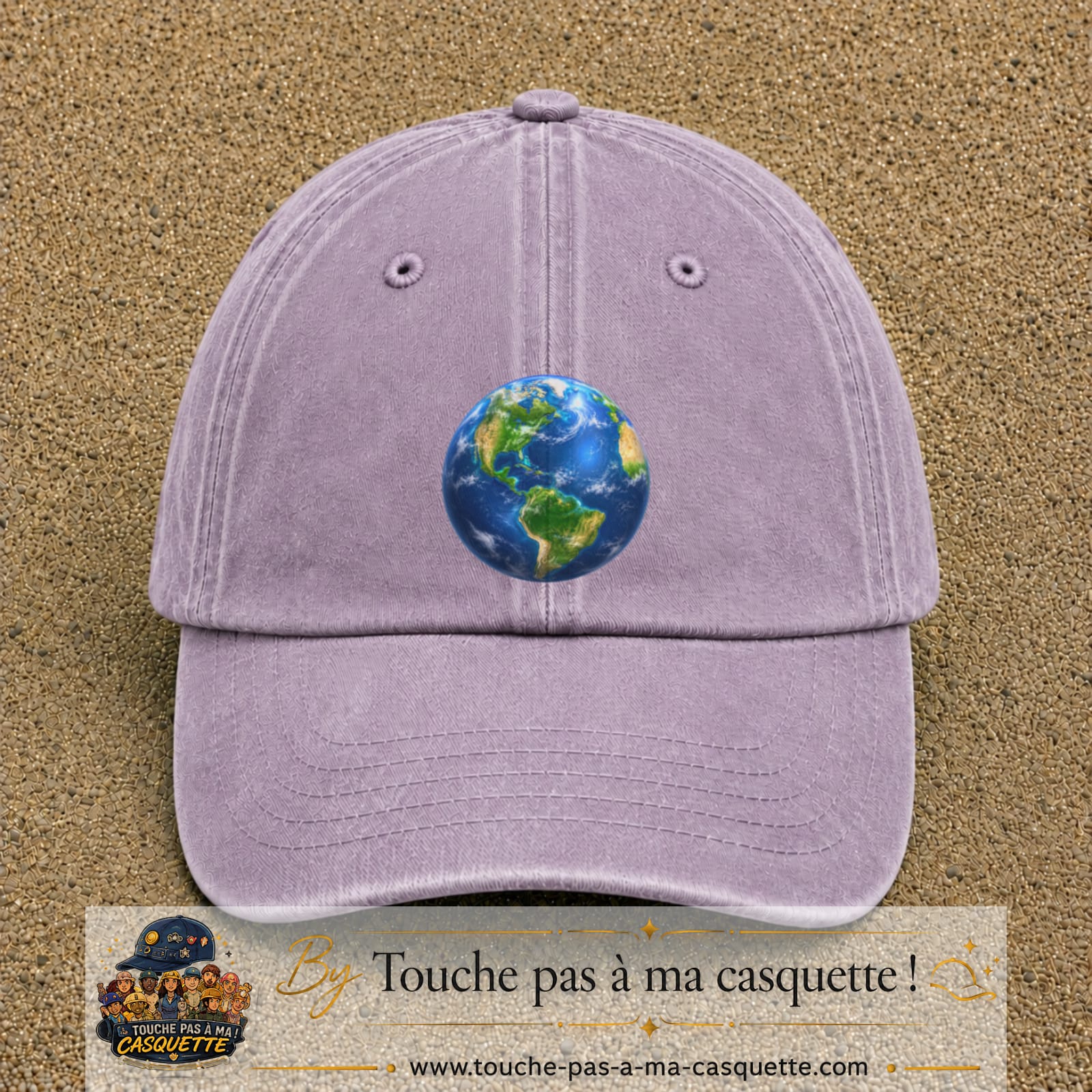Casquette baseball Violet délavé 100% coton avec visuel Planète Terre réaliste 7 cm - image produit principale