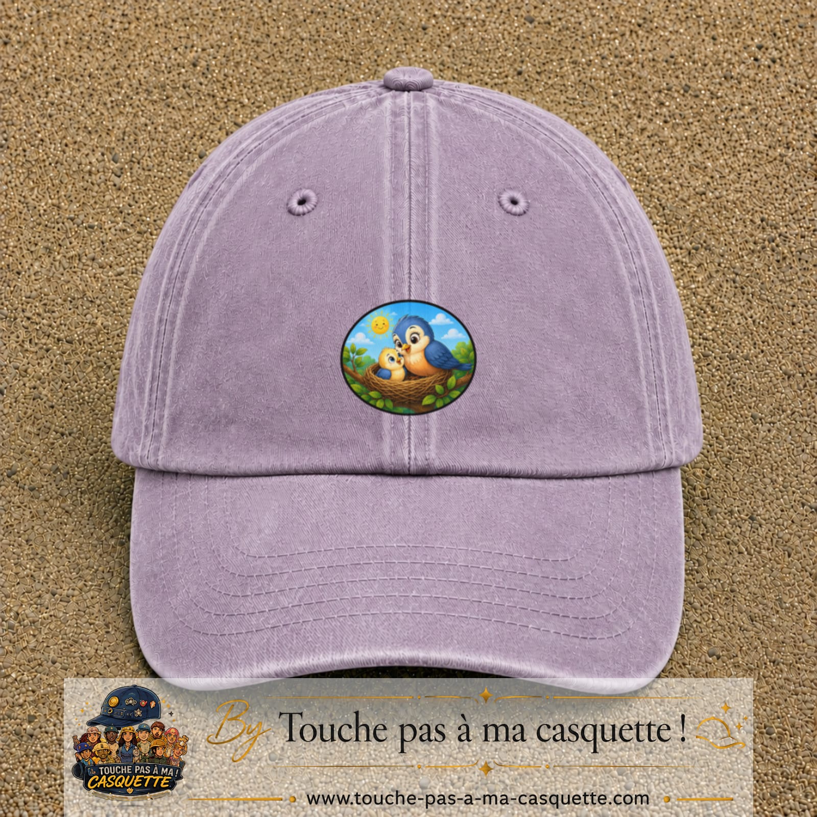 Casquette baseball Violet délavé 100% coton avec visuel Oiseaux au nid 5 cm - image produit principale