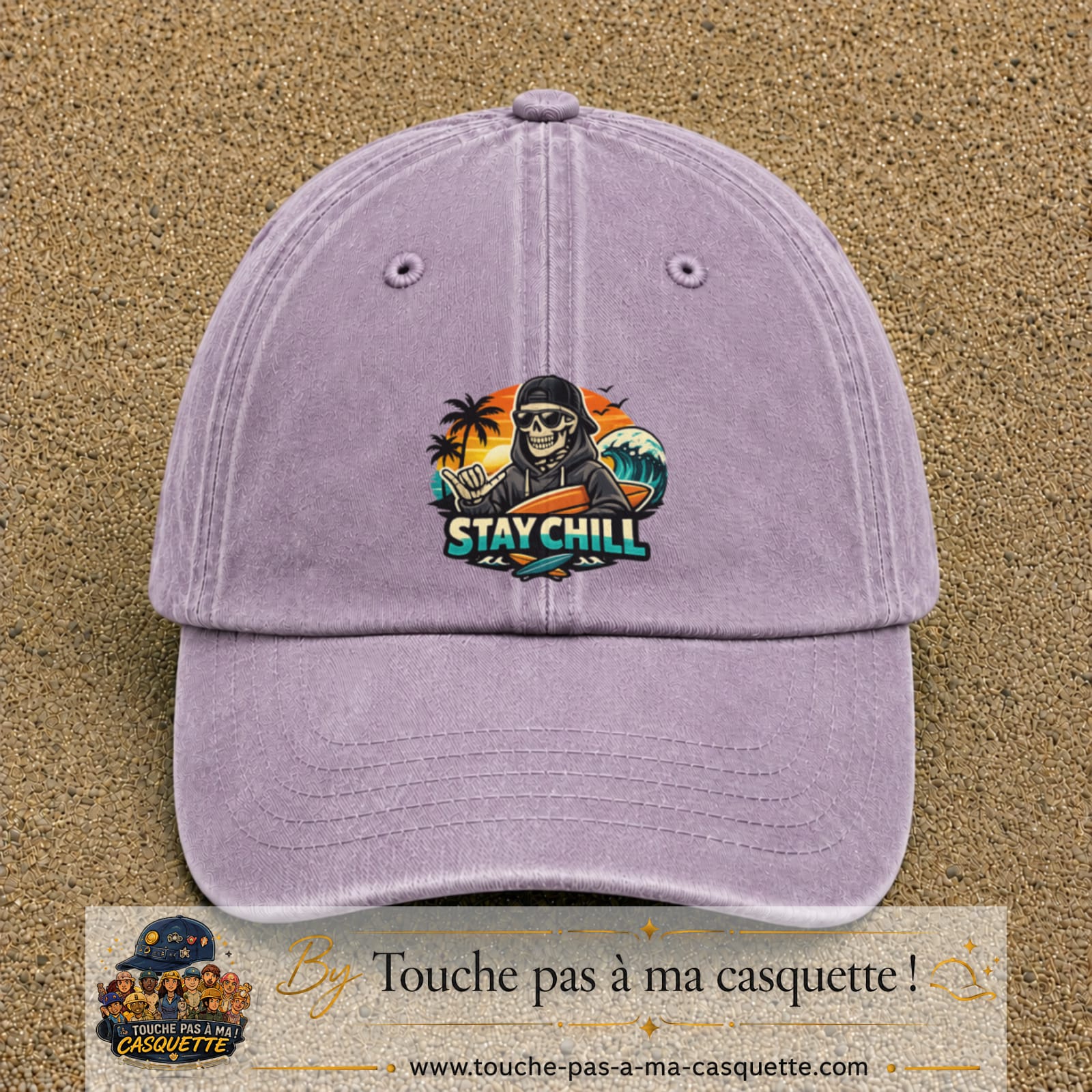 Casquette Violet délavé 100% coton avec motif Stay Chill squelette plage 7 cm - image principale