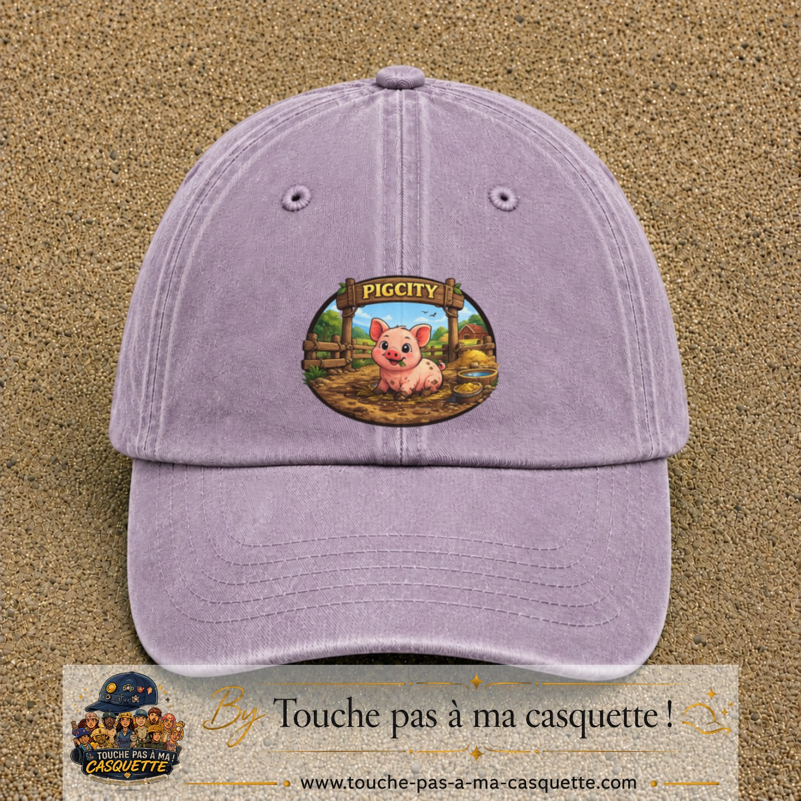 Casquette baseball Violet délavé 100% coton avec visuel Pigcity cochon 7 cm - image produit principale