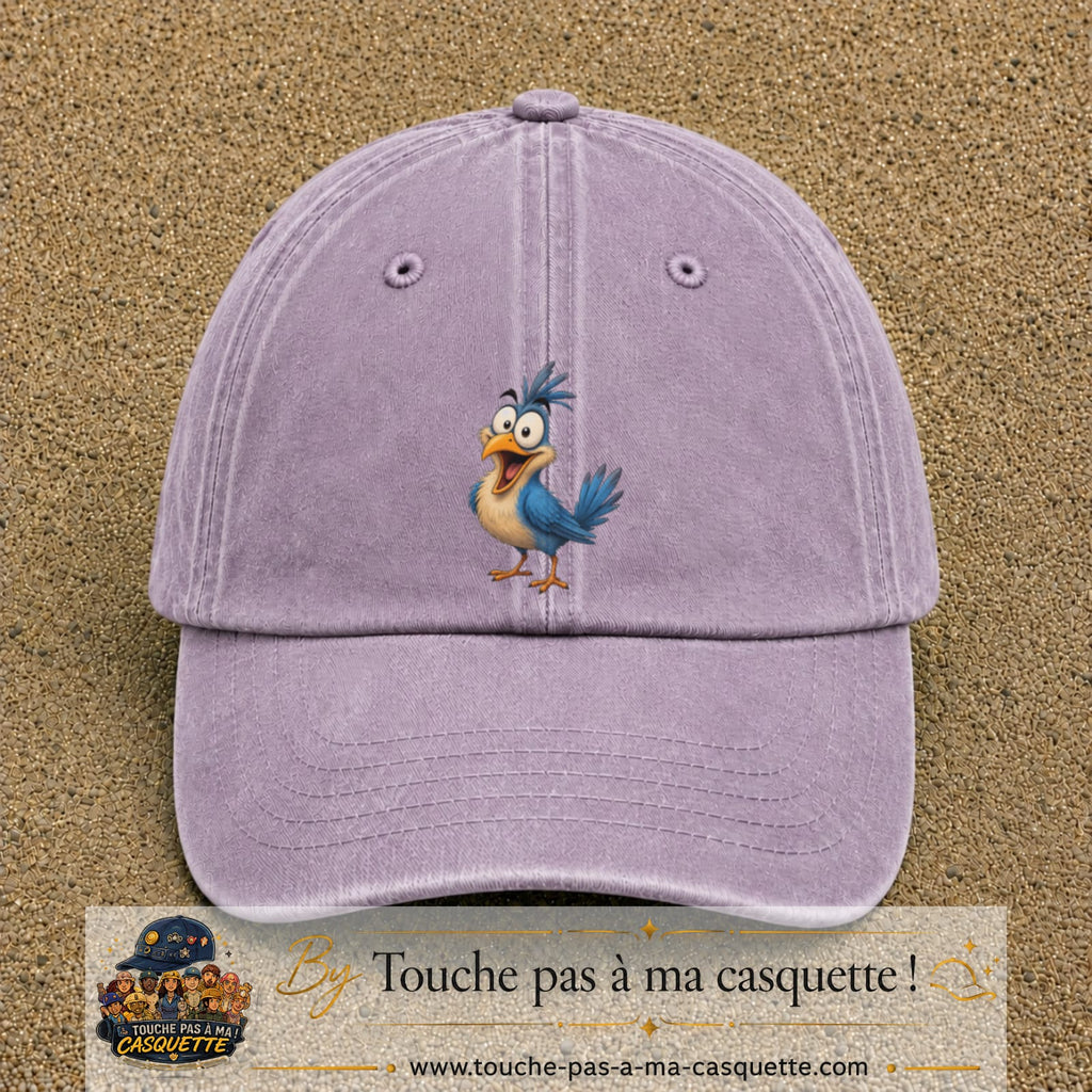 Casquette baseball Violet délavé 100% coton avec visuel Oiseau farceur 7 cm - image produit principale