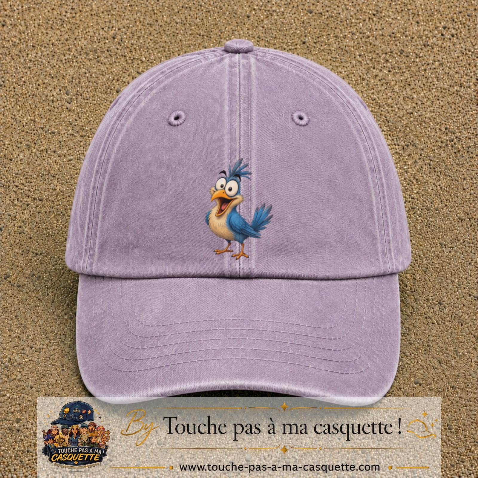 Casquette baseball Violet délavé 100% coton avec visuel Oiseau farceur 7 cm - image produit principale