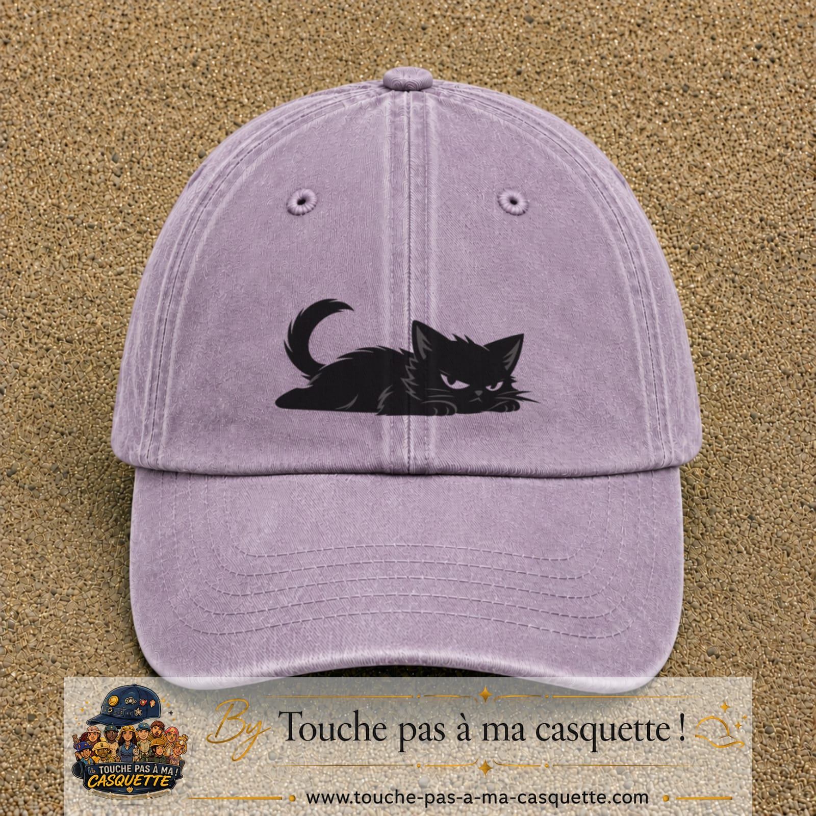 Casquette baseball Violet délavé 100% coton avec visuel Chat noir couché 5 cm - image produit principale