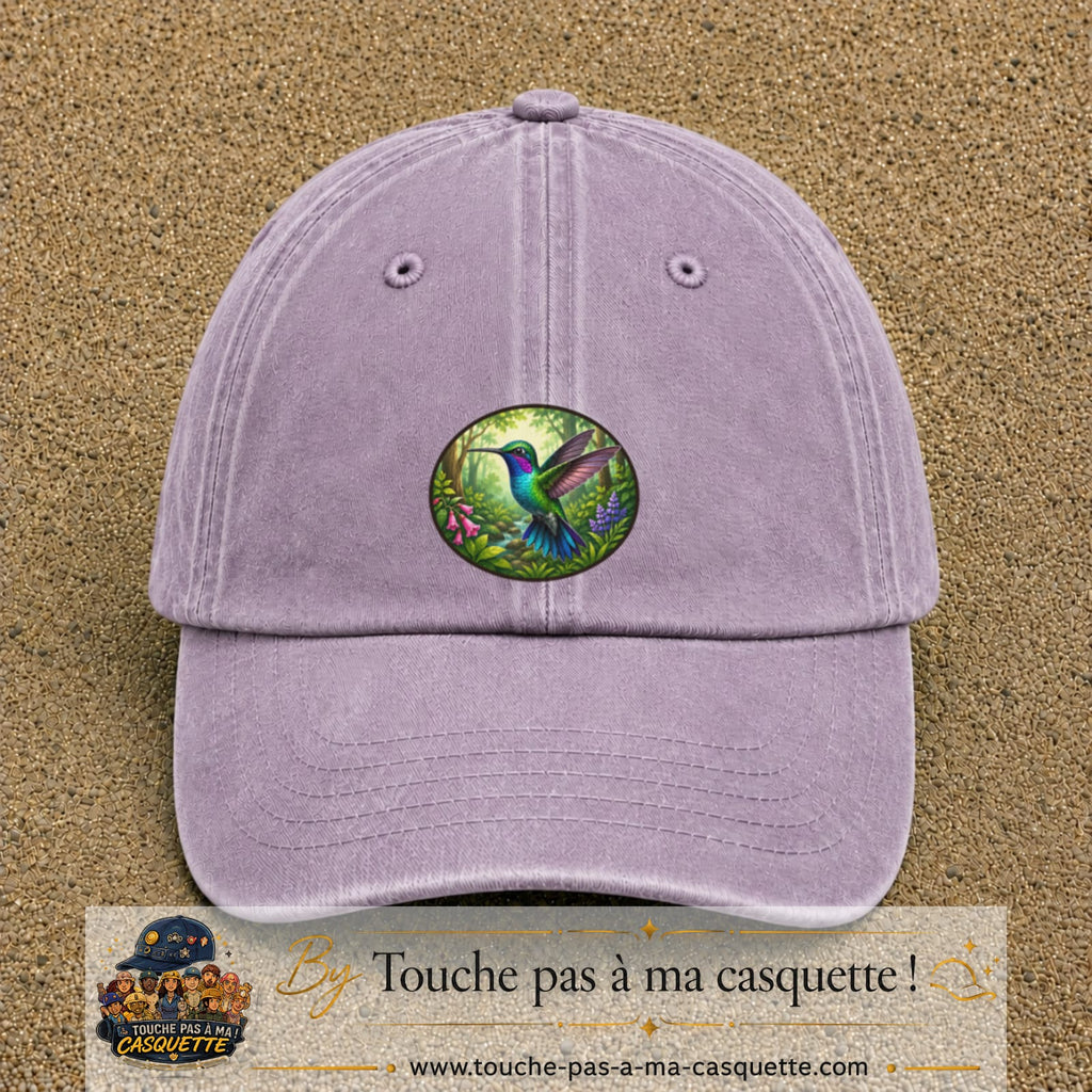 Casquette baseball Violet délavé 100% coton avec visuel Colibri tropical 7 cm - image produit principale