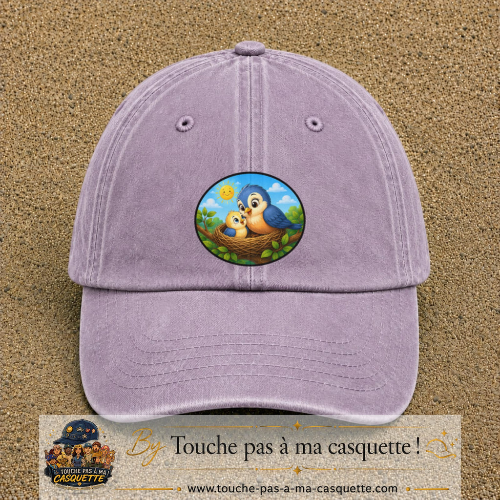 Casquette baseball Violet délavé 100% coton avec visuel Oiseaux au nid 7 cm - image produit principale