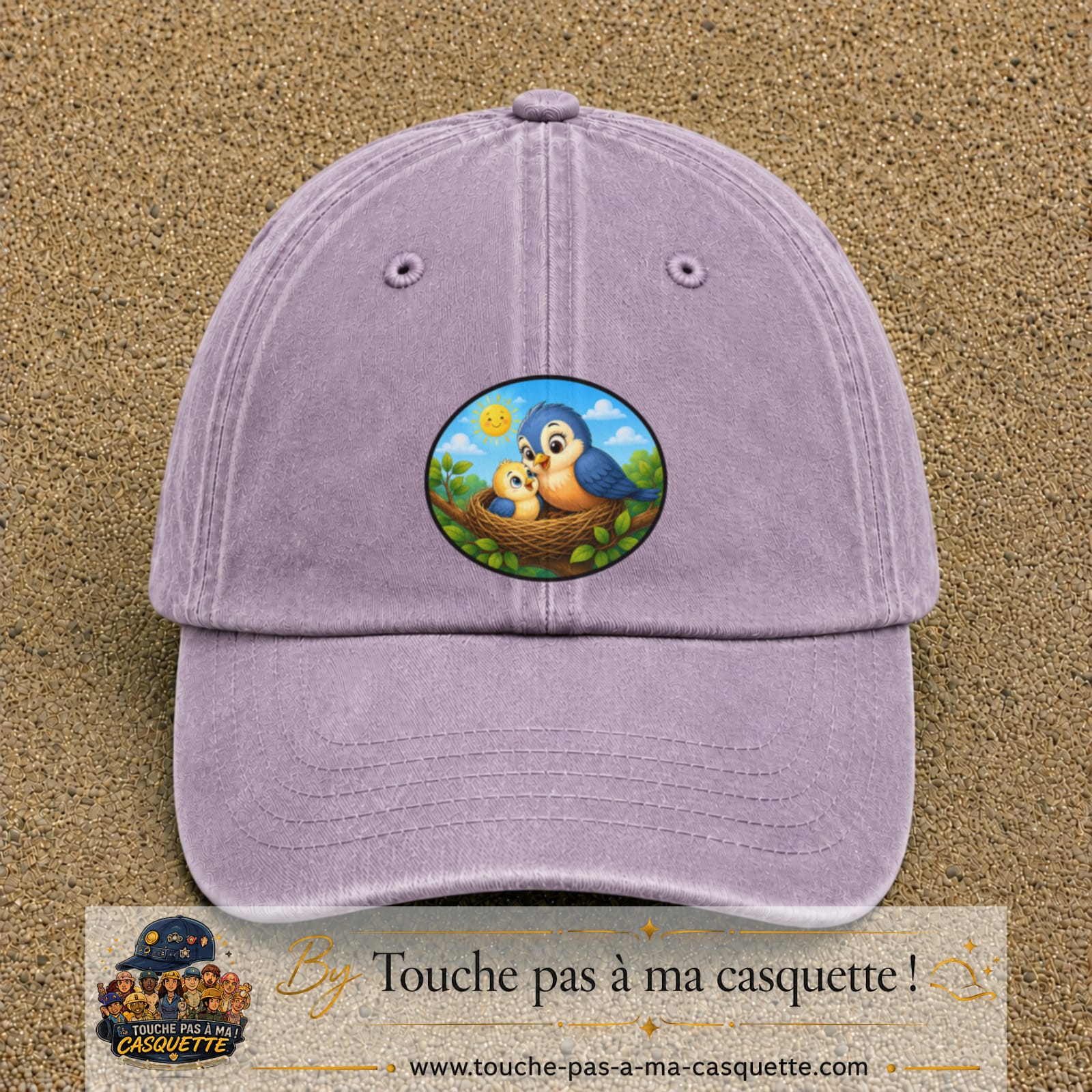 Casquette baseball Violet délavé 100% coton avec visuel Oiseaux au nid 7 cm - image produit principale