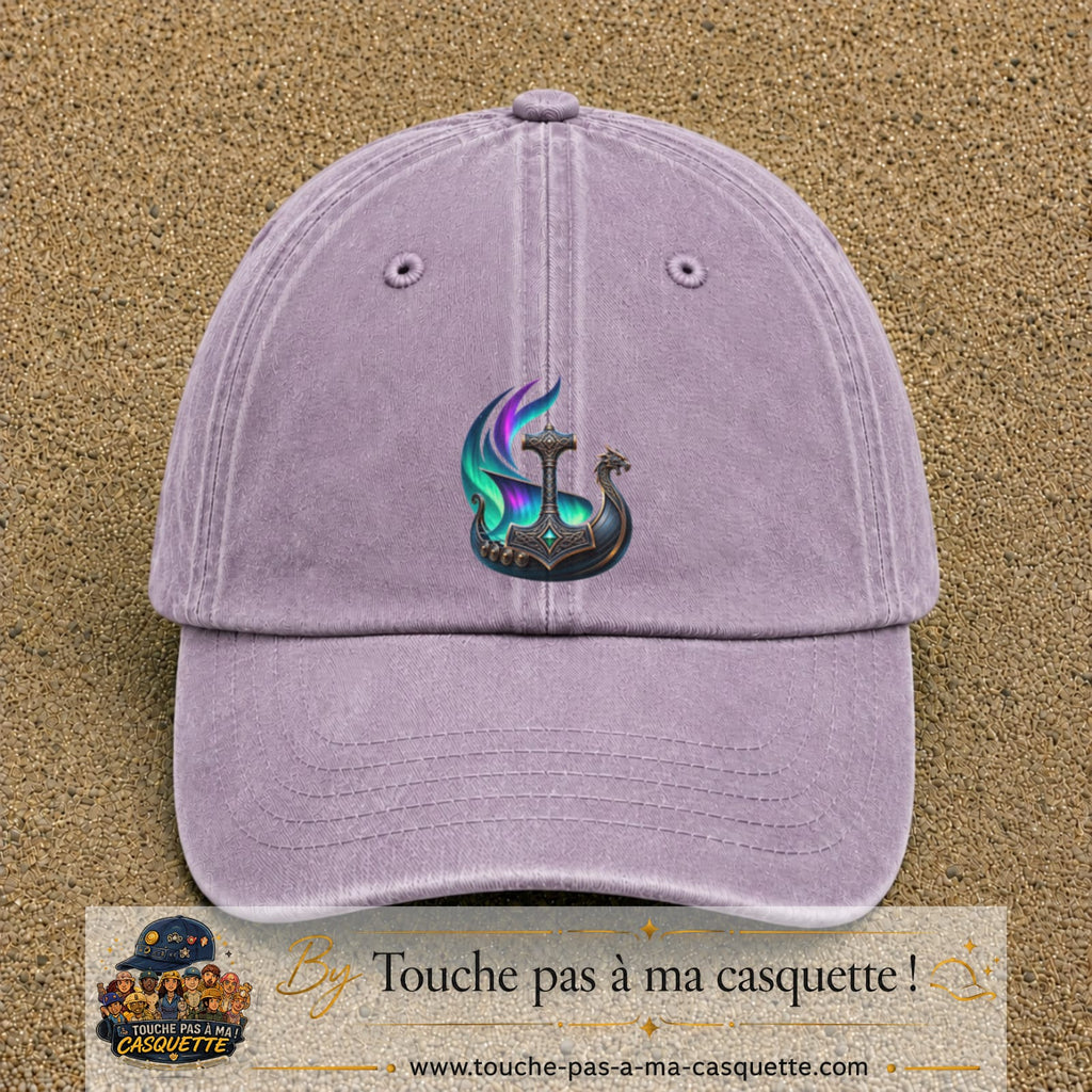 Casquette Violet délavé 100% coton avec motif Drakkar viking et marteau de Thor 7 cm - image principale