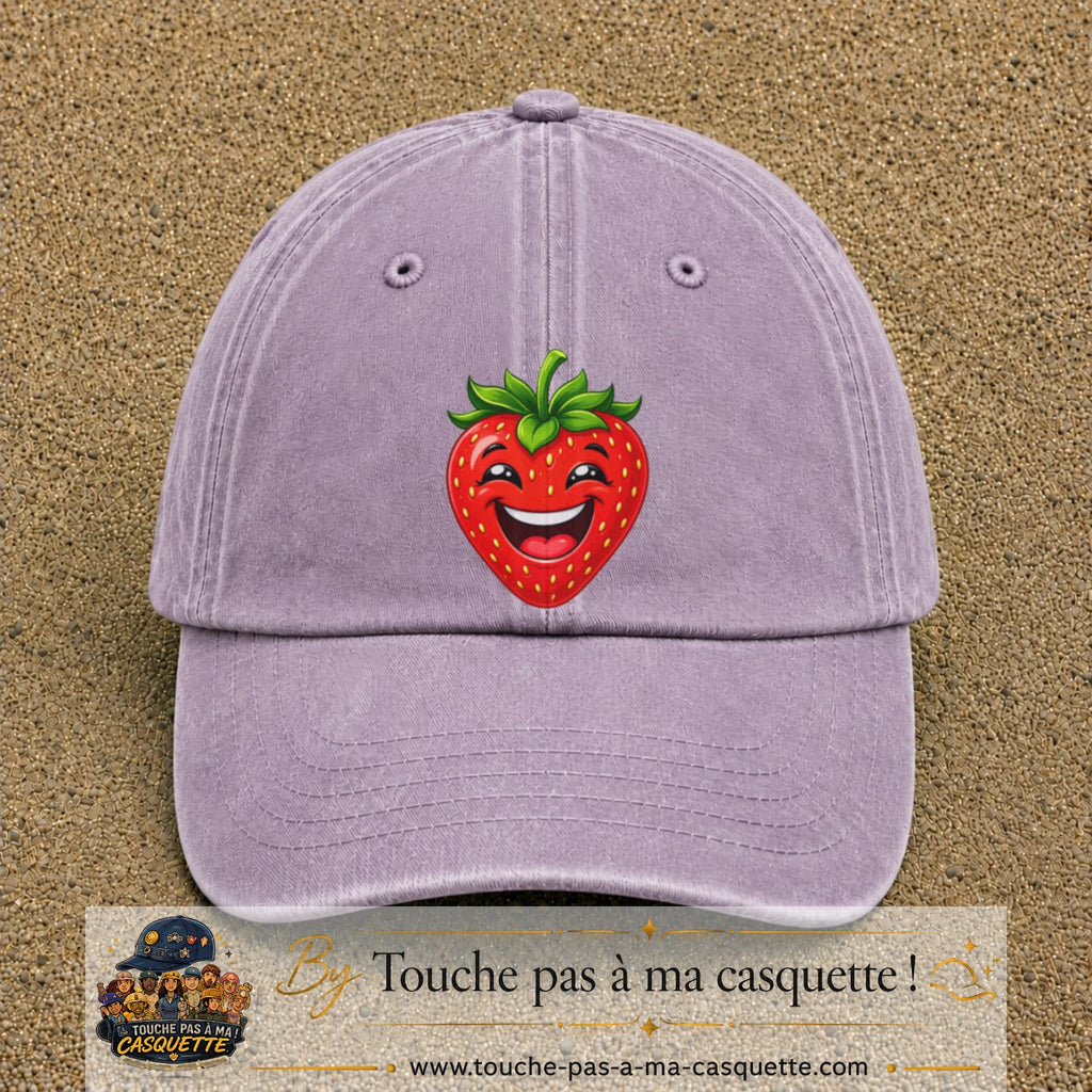 Casquette baseball Violet délavé 100% coton avec motif Fraise souriante 7 cm - image principale