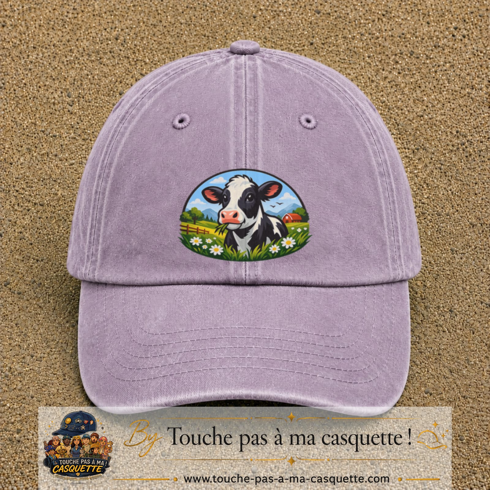 Image principale produit72grosVI - casquette Violet délavé avec visuel Vache paysage 7 cm