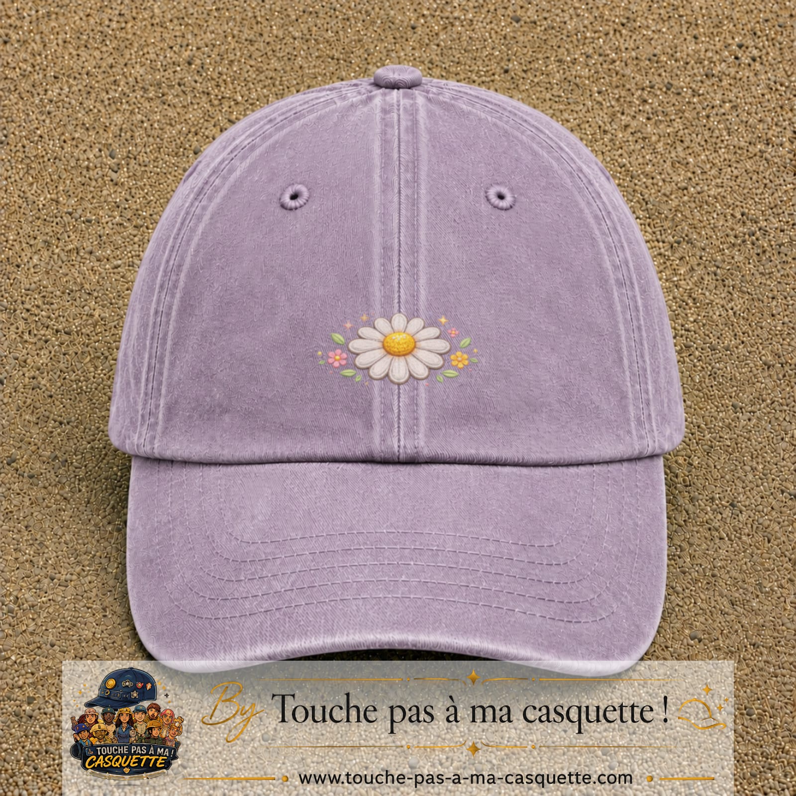 Image principale produit120petitVI - casquette Violet délavé avec visuel Marguerite horizontale 3 cm