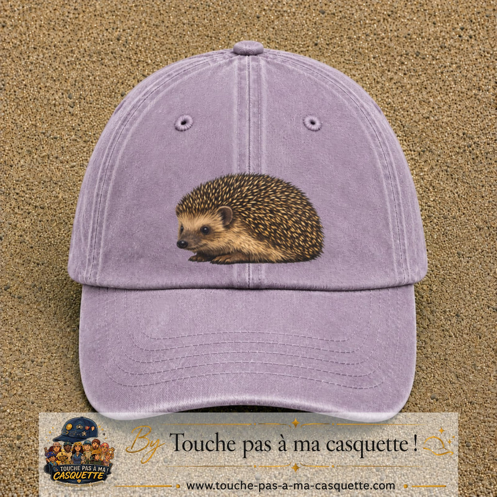 Image principale produit192grosVI - casquette Violet délavé avec visuel Hérisson réaliste 7 cm