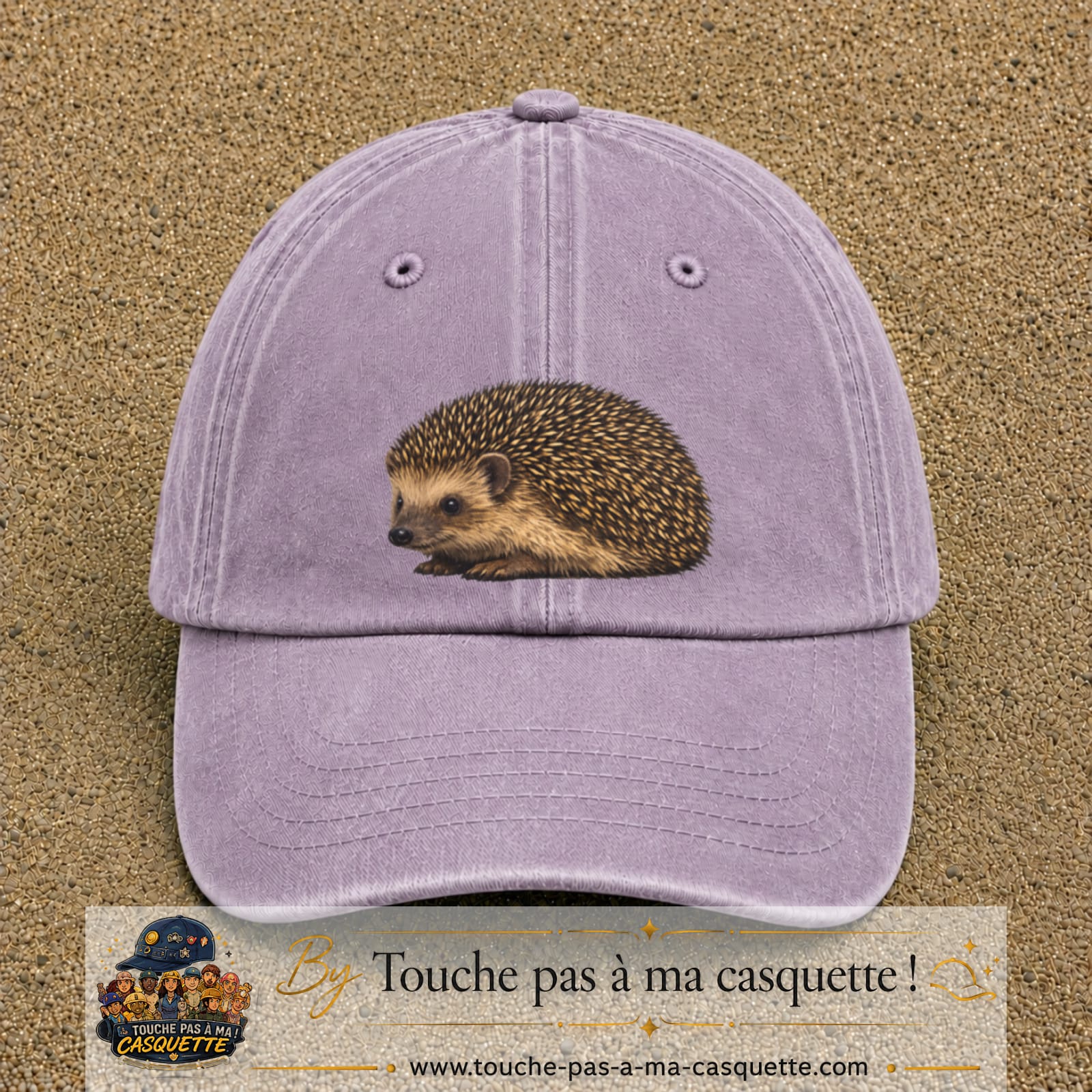 Image principale produit192grosVI - casquette Violet délavé avec visuel Hérisson réaliste 7 cm