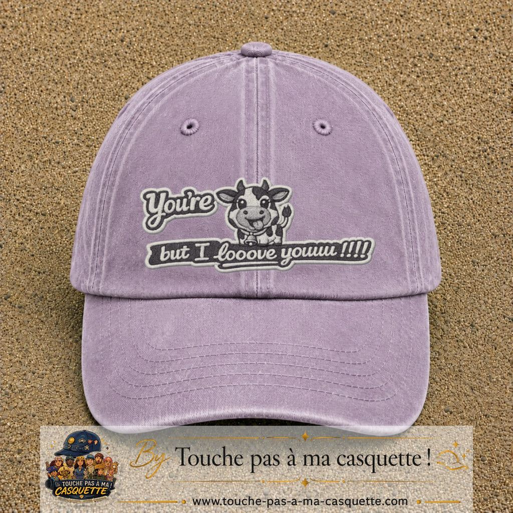 Image principale produit121grosVI - casquette Violet délavé avec visuel Vache message anglais 7 cm