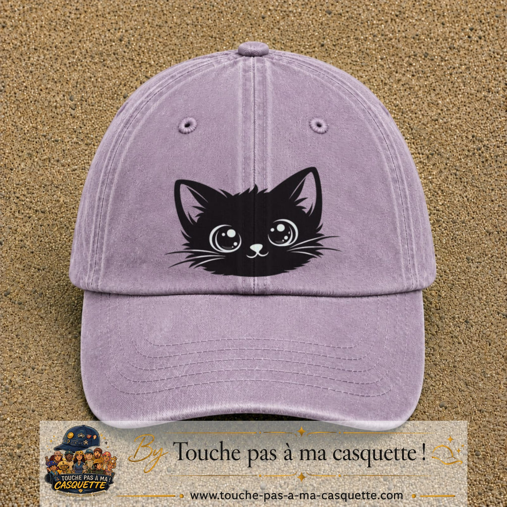 Image principale produit2grosVI - casquette Violet délavé avec visuel Chat noir yeux ronds 7 cm