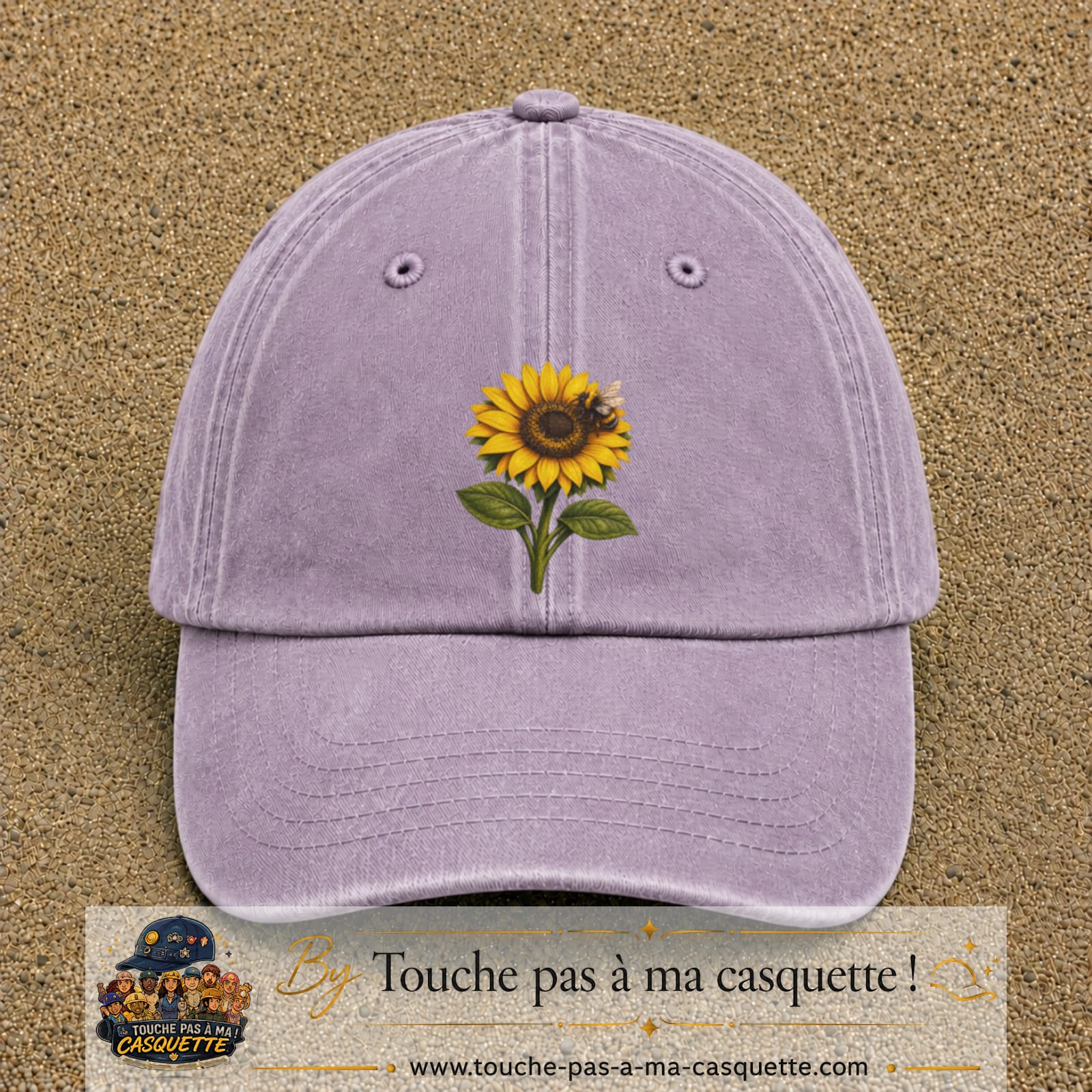 Image principale produit75grosVI - casquette Violet délavé avec visuel Tournesol abeille 7 cm