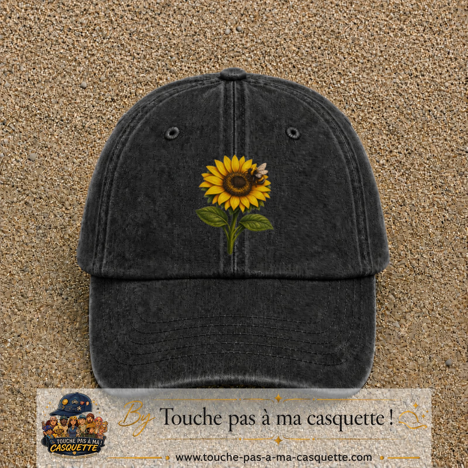 Image principale produit75grosN - casquette Noir délavé avec visuel Tournesol abeille 7 cm