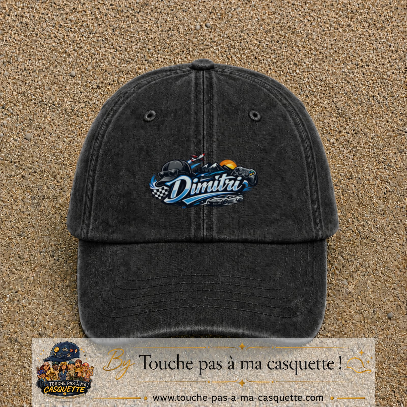 Casquette Noir délavé avec motif Prénom Dimitri univers vitesse en 5 cm – vue principale