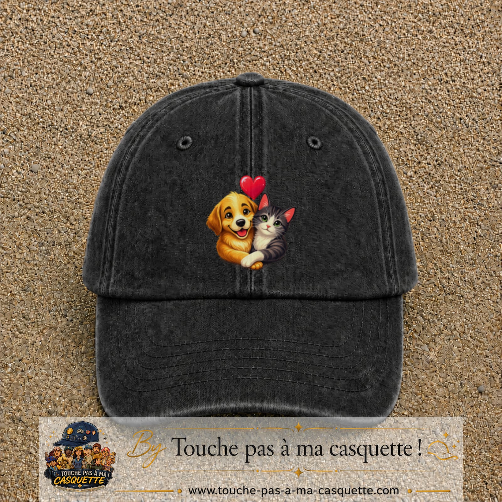 Casquette Noir délavé avec motif Chien et chat complices en 7 cm – vue principale
