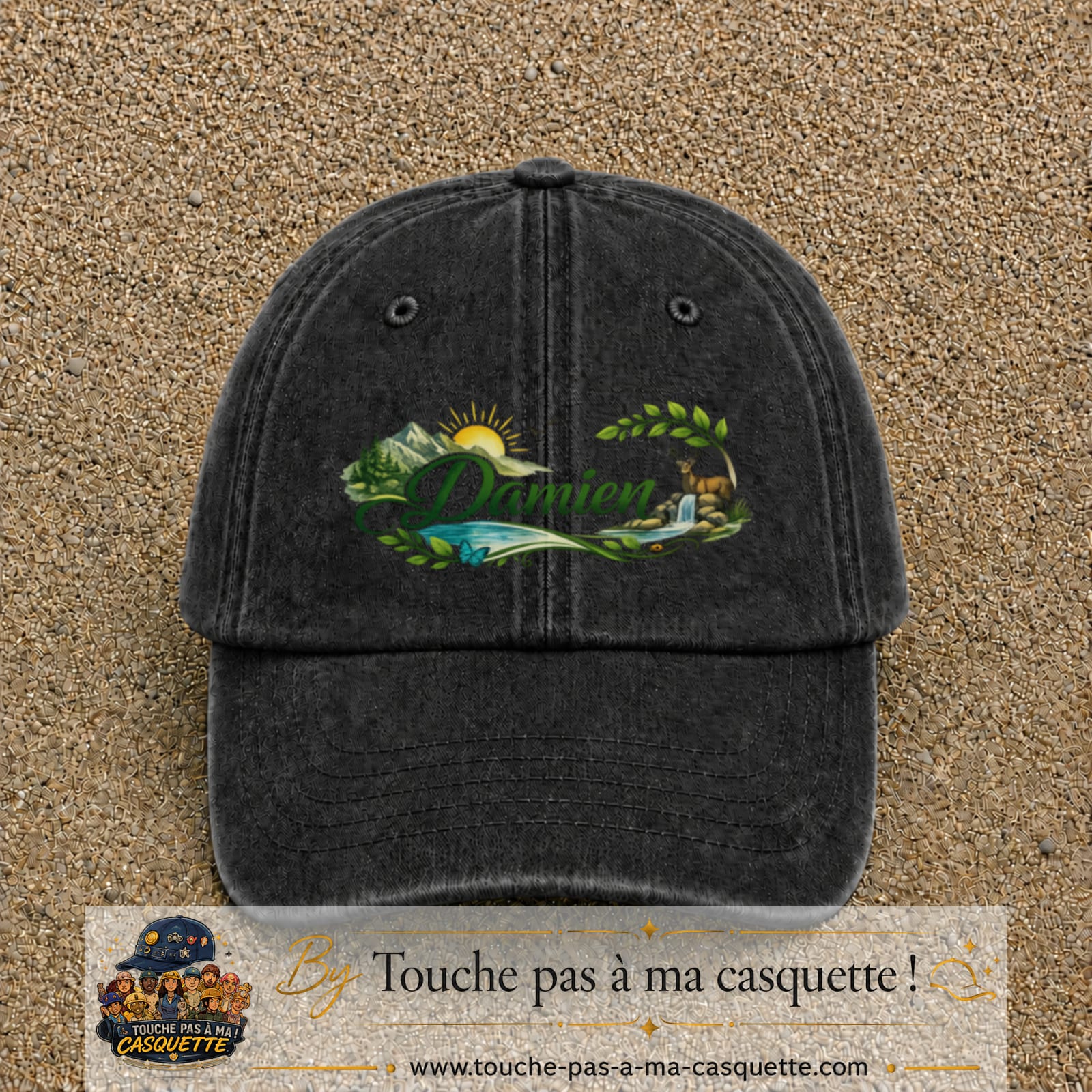 Casquette Noir délavé avec motif Prénom Damien nature et cerf en 7 cm – vue principale