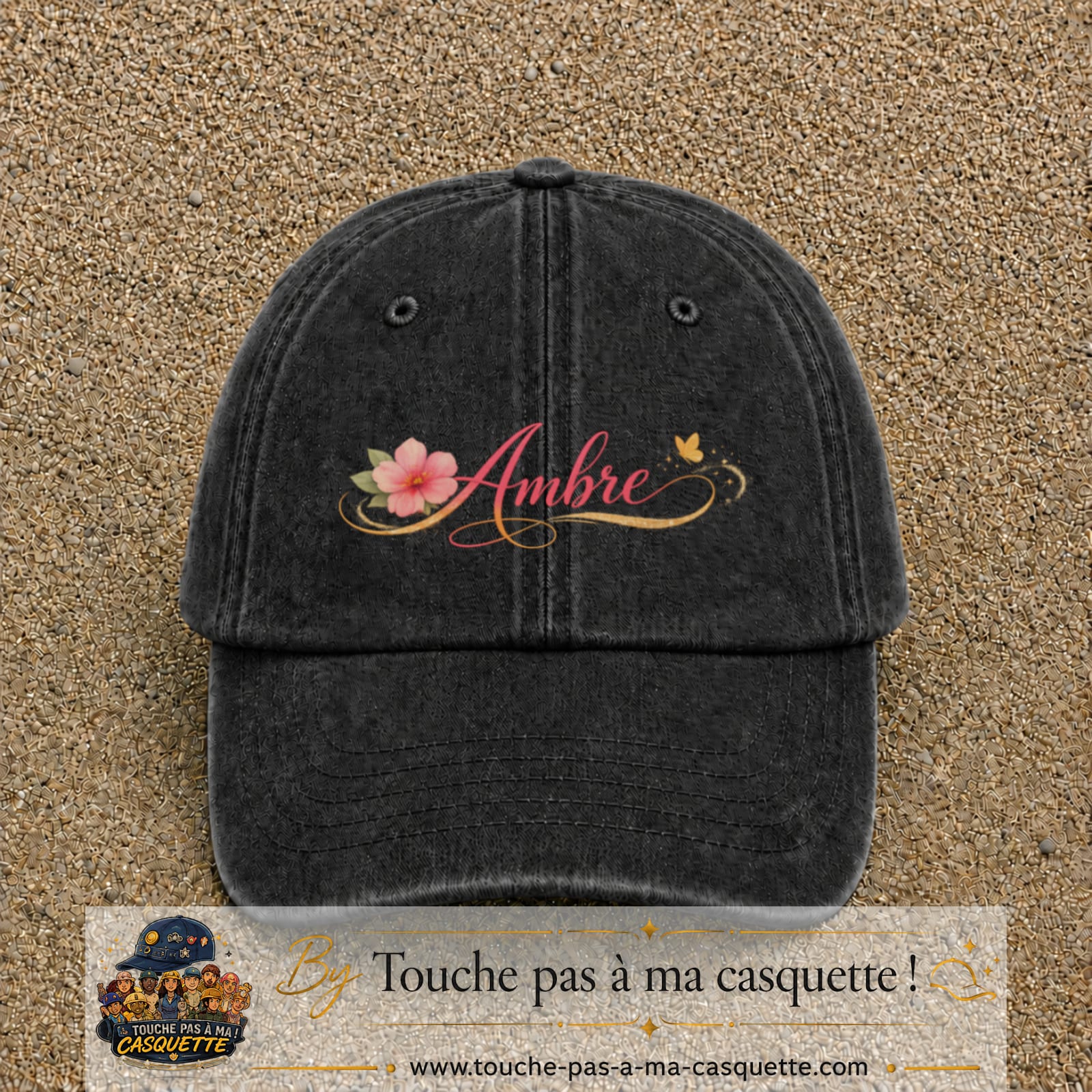 Casquette Noir délavé avec motif Prénom Ambre fleuri en 5 cm – vue principale