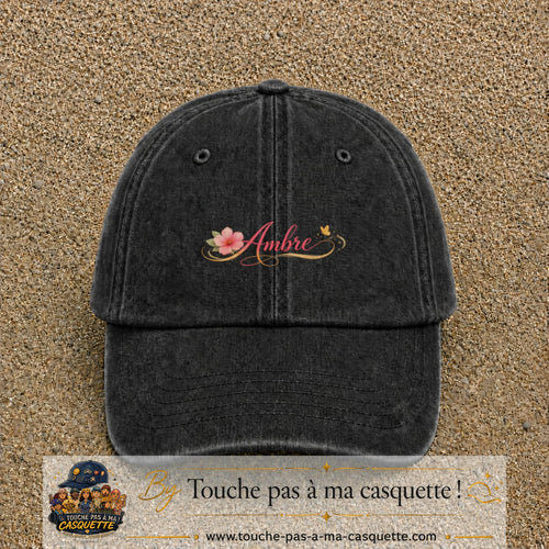 Casquette Noir délavé avec motif Prénom Ambre fleuri en 3 cm – vue principale