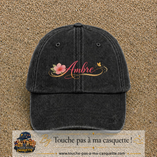 Casquette Noir délavé avec motif Prénom Ambre fleuri en 7 cm – vue principale