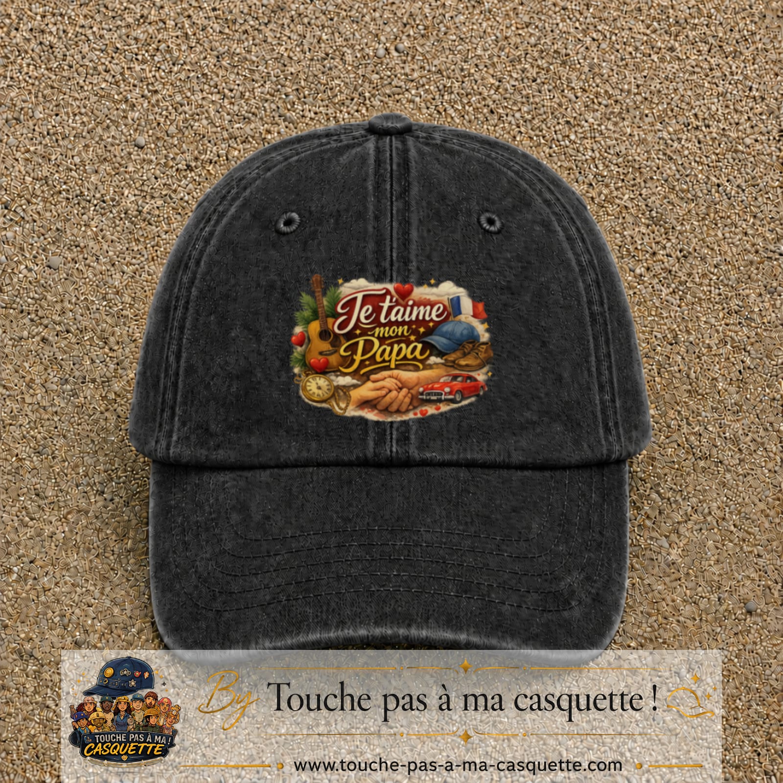 Casquette Noir délavé avec motif Je t’aime mon Papa et ses passions en 7 cm – vue principale