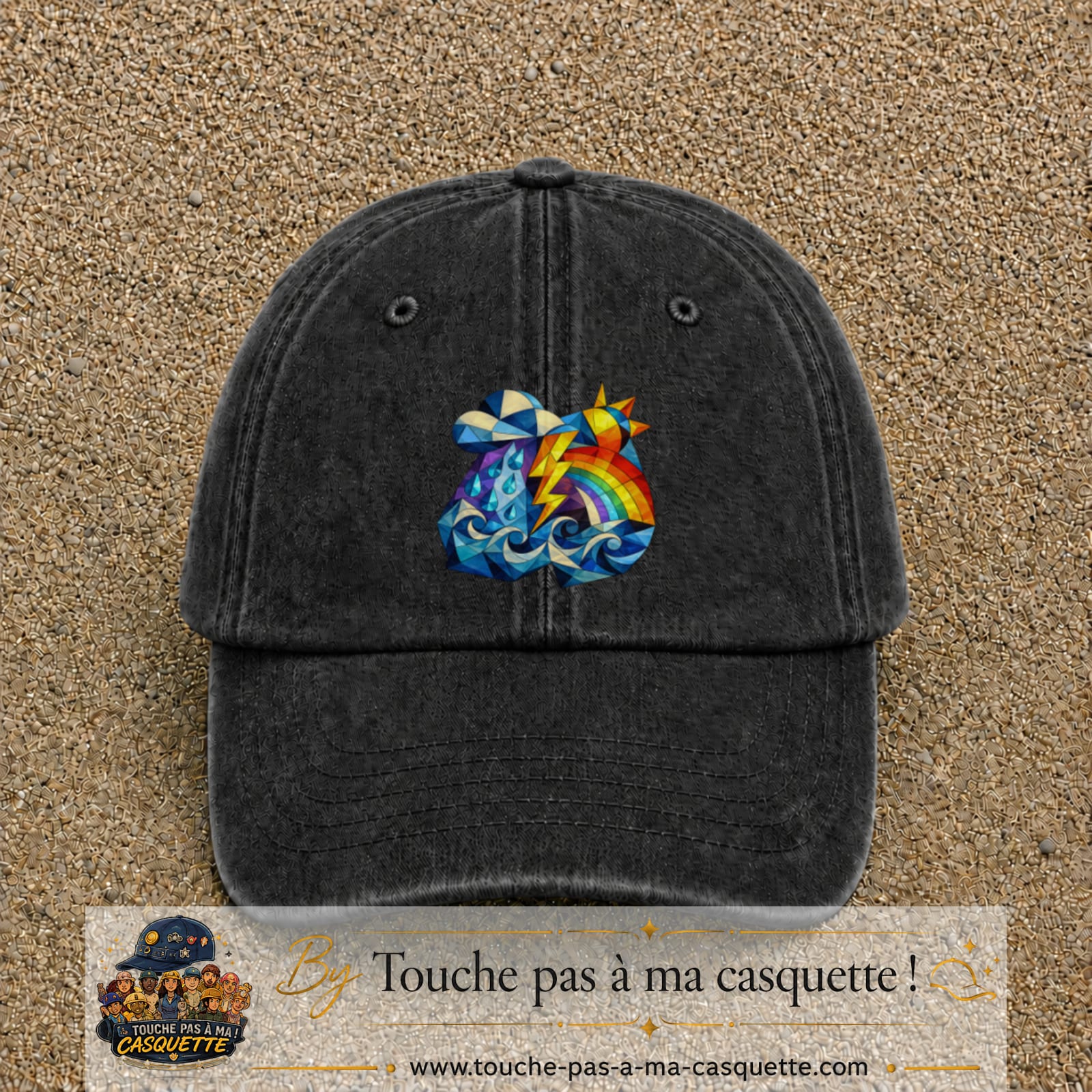 Image principale casquette Noir délavé avec motif Orage arc-en-ciel 7 cm
