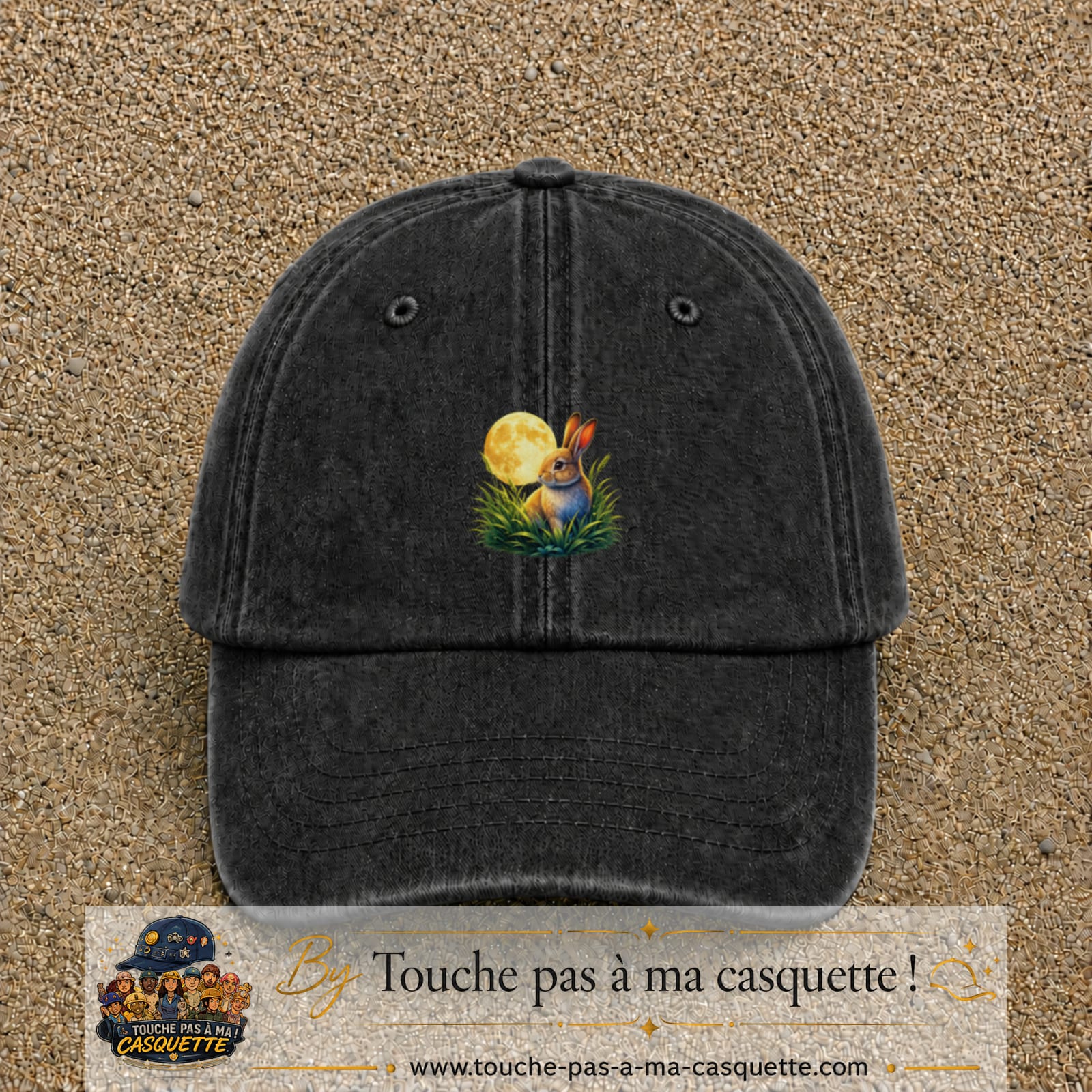 Casquette Noir délavé motif Lapin sous la lune logo 5 cm