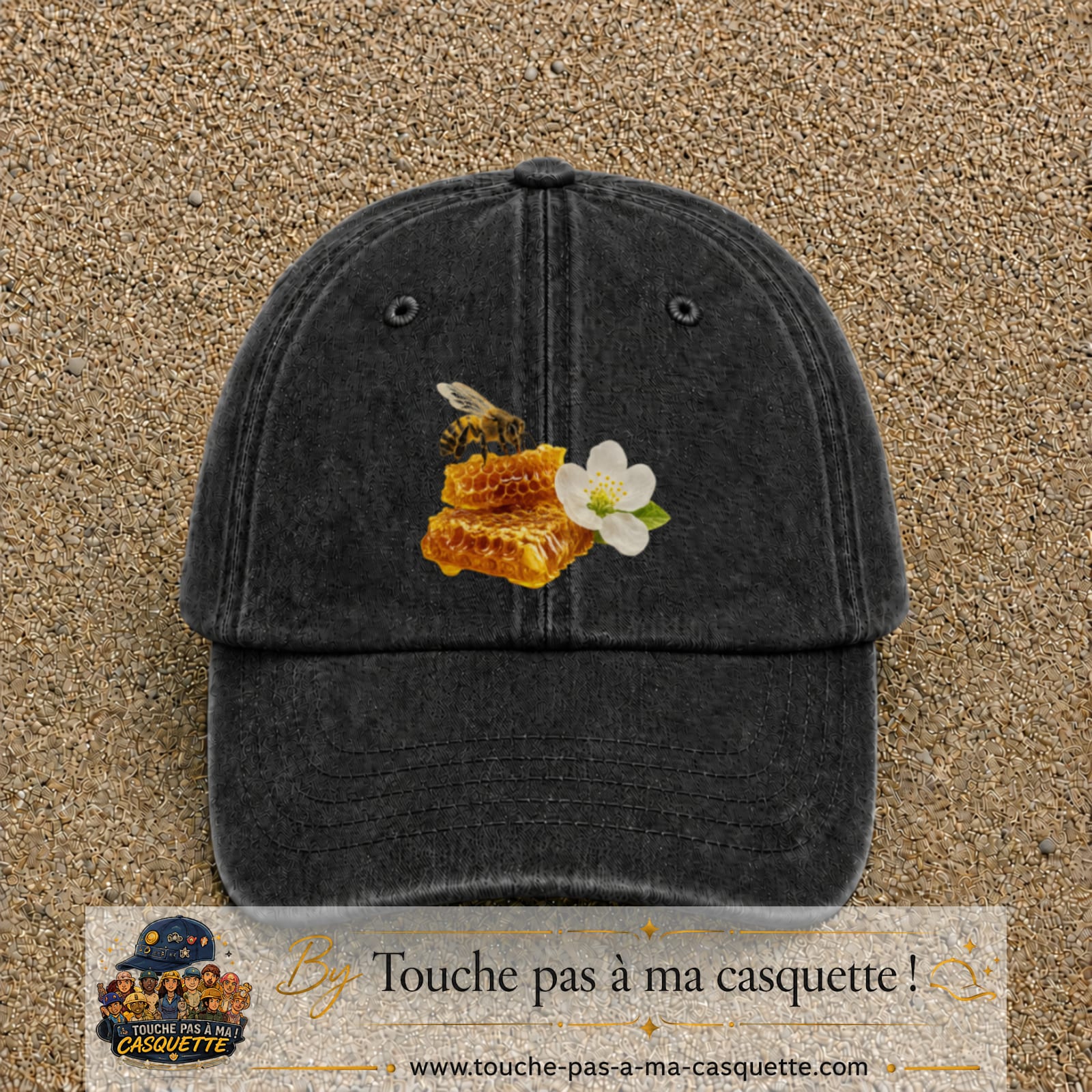 Image principale casquette Noir délavé avec motif Abeille et miel 7 cm