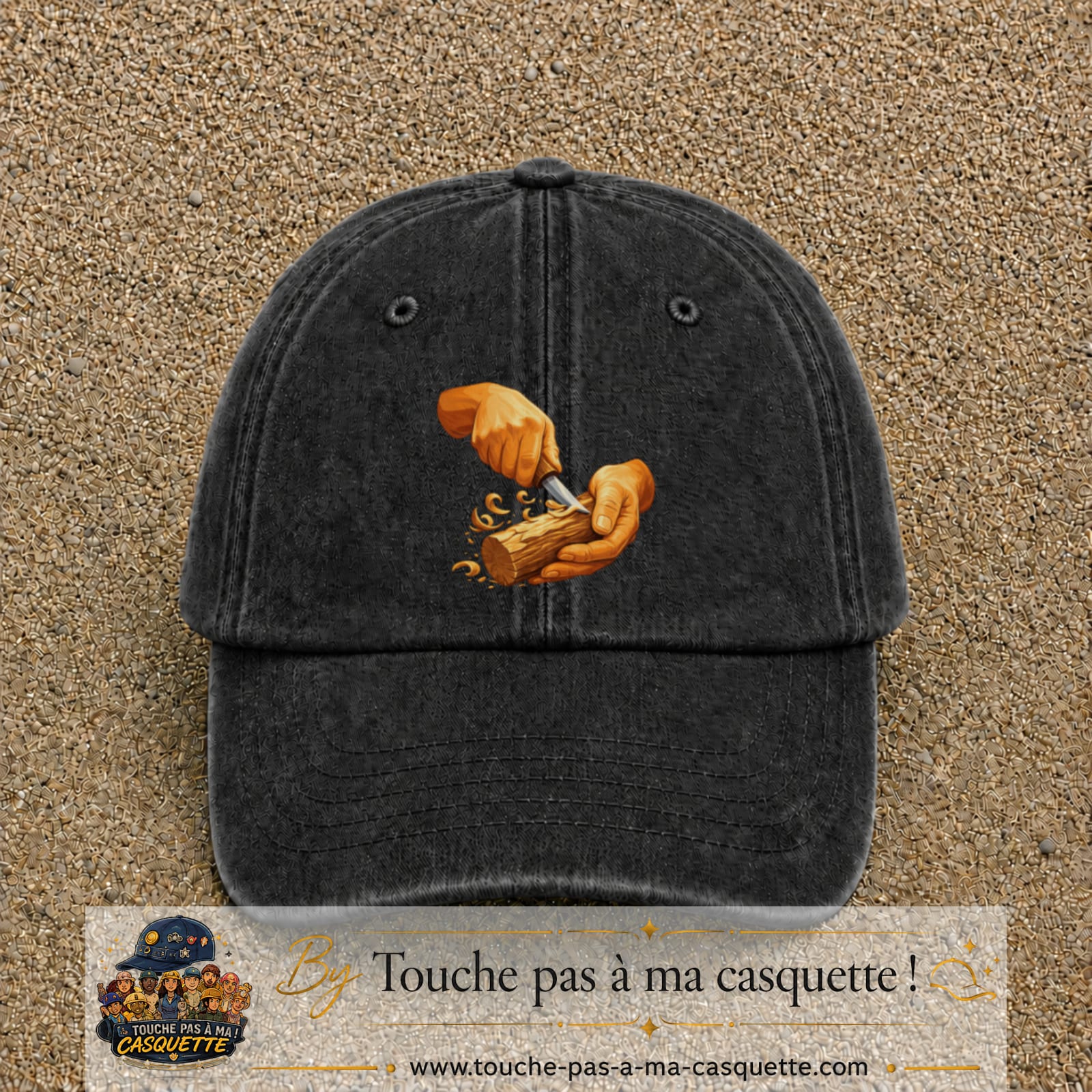 Casquette Noir délavé motif Travail du bois logo 7 cm