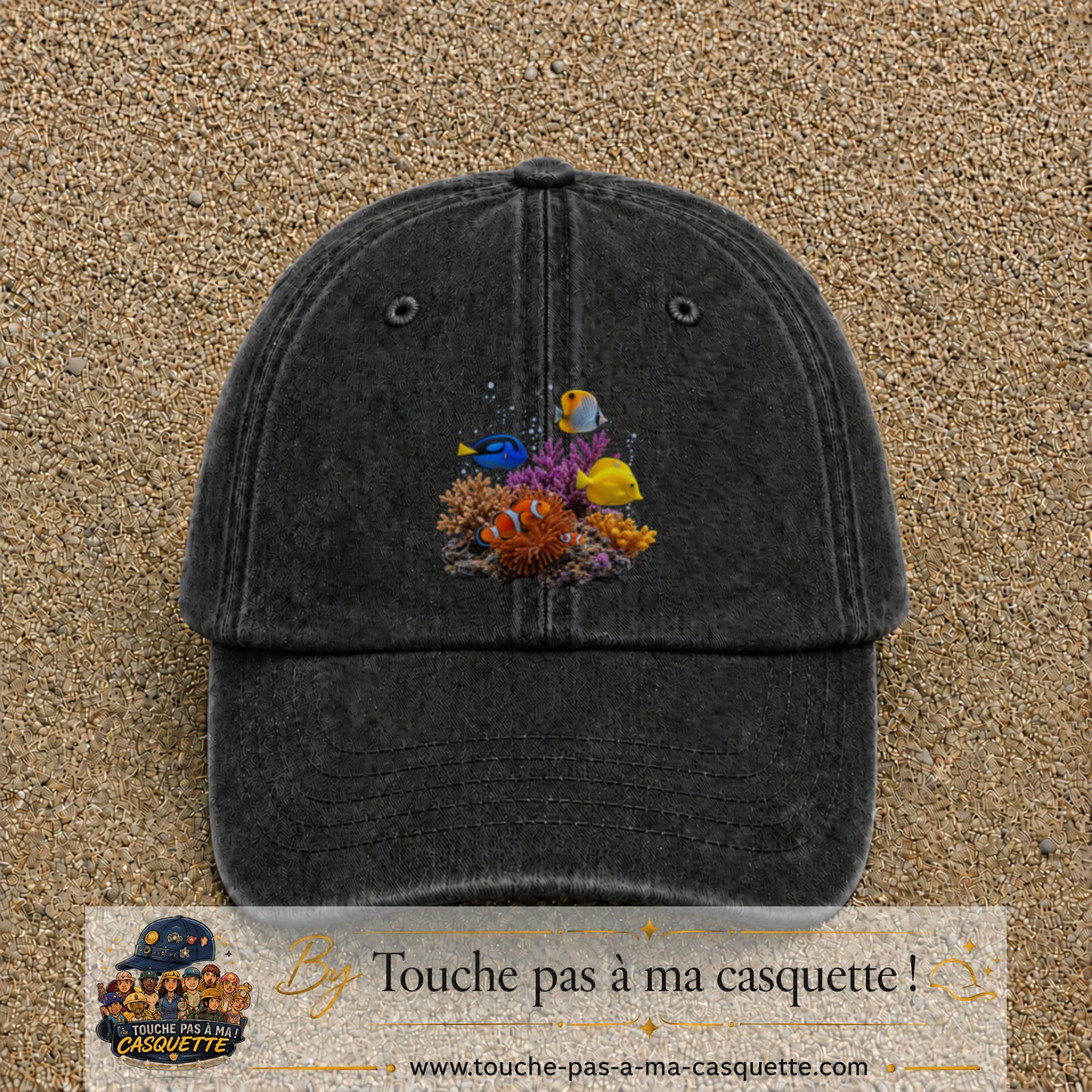 Image principale casquette Noir délavé avec motif Récif aux poissons 7 cm