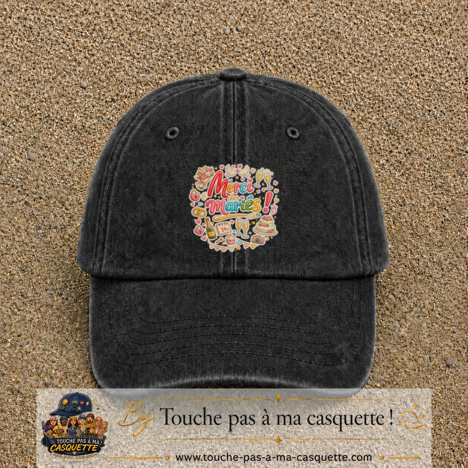 Casquette Noir délavé avec motif Merci les Mariés en 7 cm – vue principale