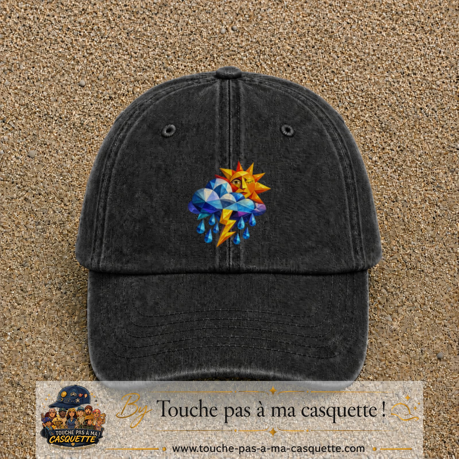 Image principale casquette Noir délavé avec motif Météo soleil orage 7 cm