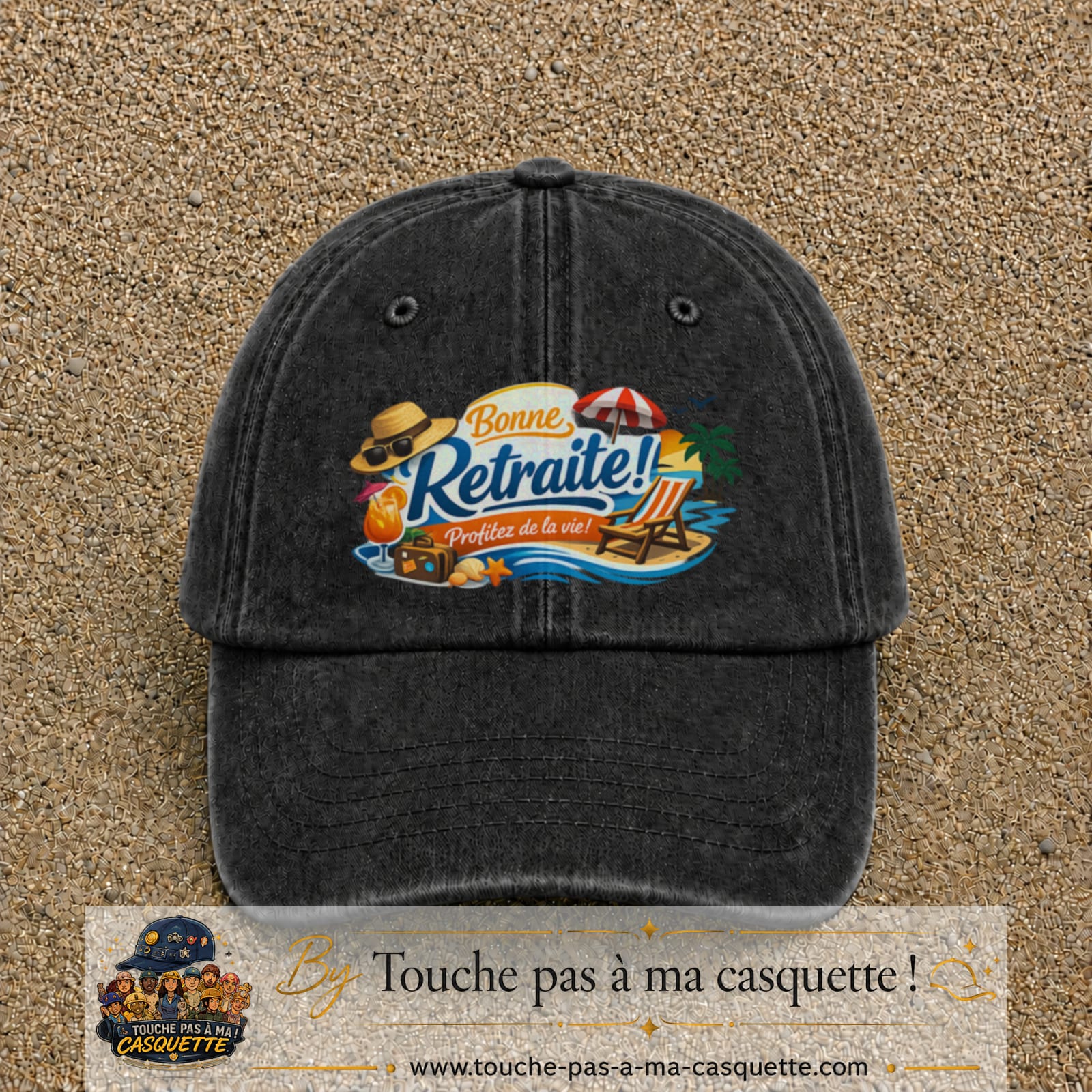 Casquette Noir délavé avec motif Bonne retraite au bord de la mer en 7 cm – vue principale