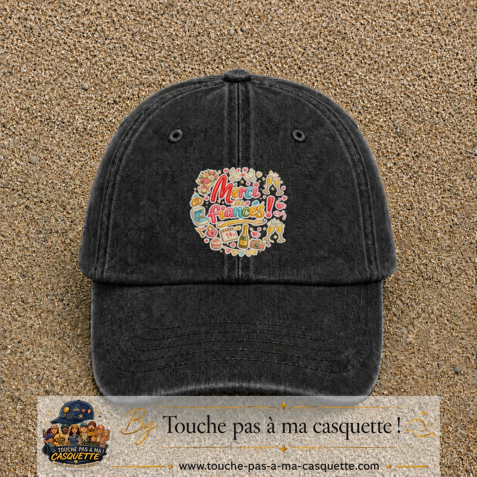Casquette Noir délavé avec motif Merci les Fiancés en 7 cm – vue principale