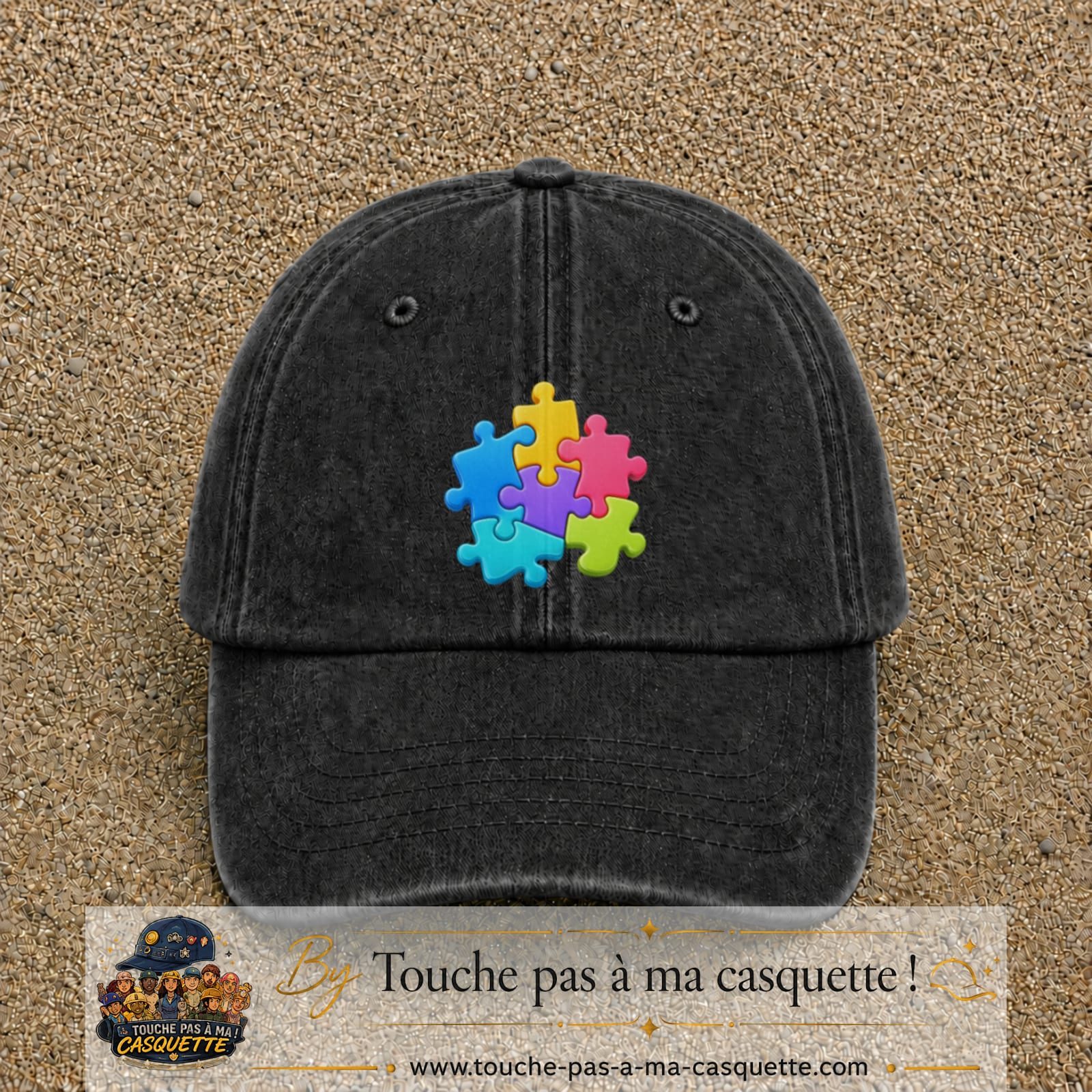 Casquette Noir délavé motif Puzzle pop logo 7 cm