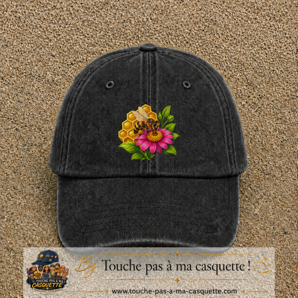 Casquette Noir délavé motif Abeille et miel logo 7 cm