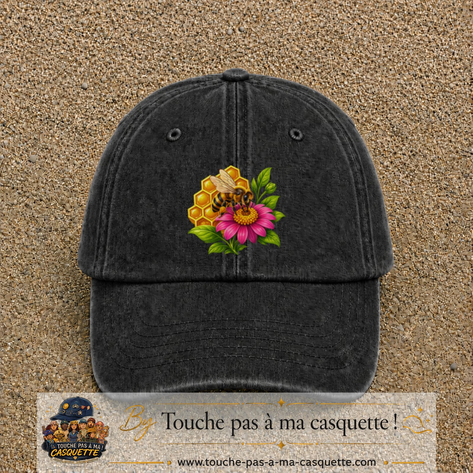 Casquette Noir délavé motif Abeille et miel logo 7 cm