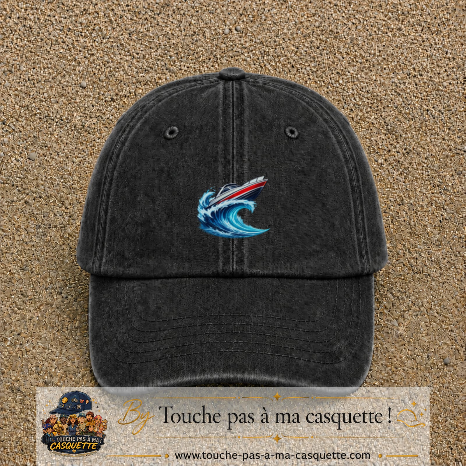 Casquette Noir délavé avec motif Bateau à moteur sur vague en 5 cm – vue principale