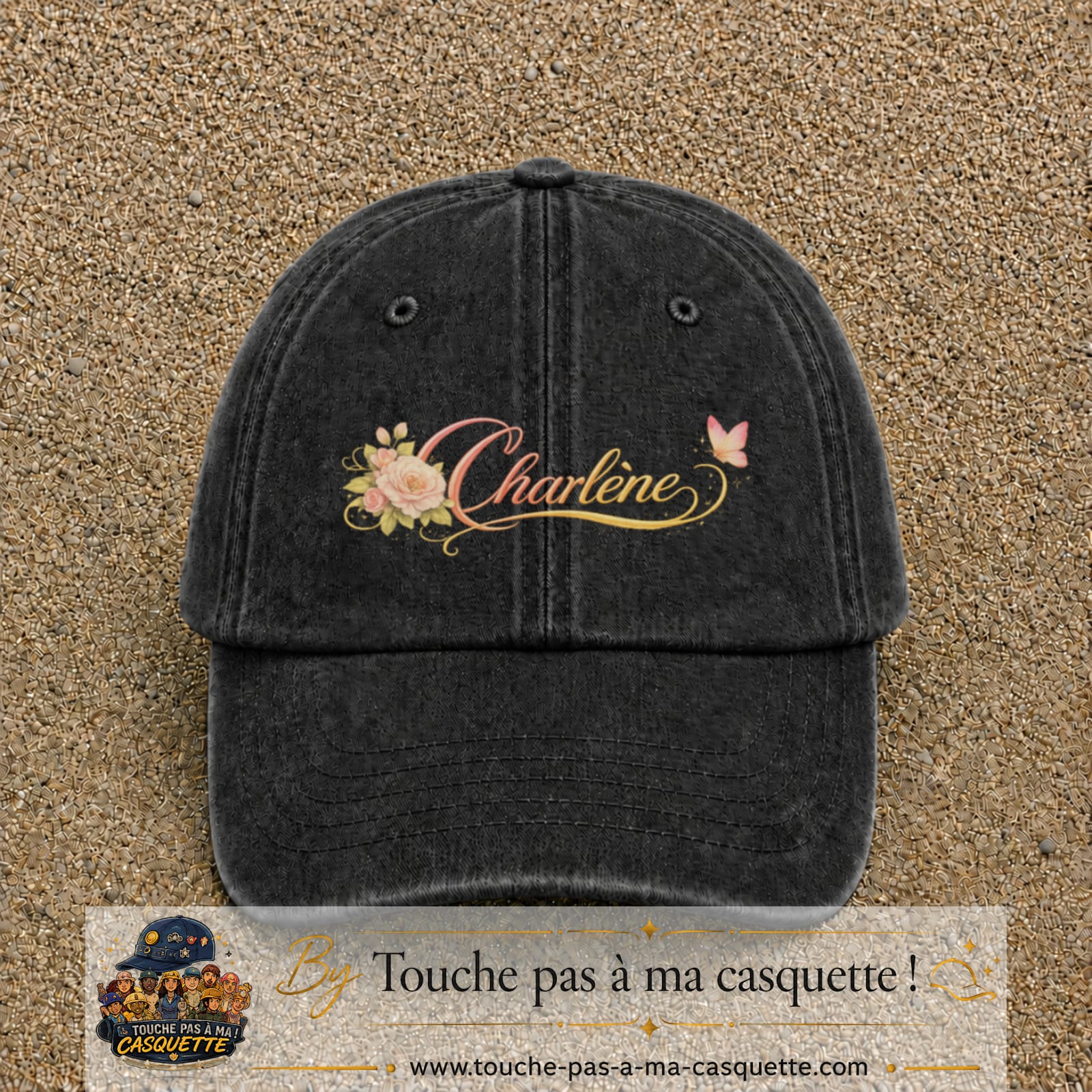 Casquette Noir délavé avec motif Prénom Charlène fleuri en 5 cm – vue principale