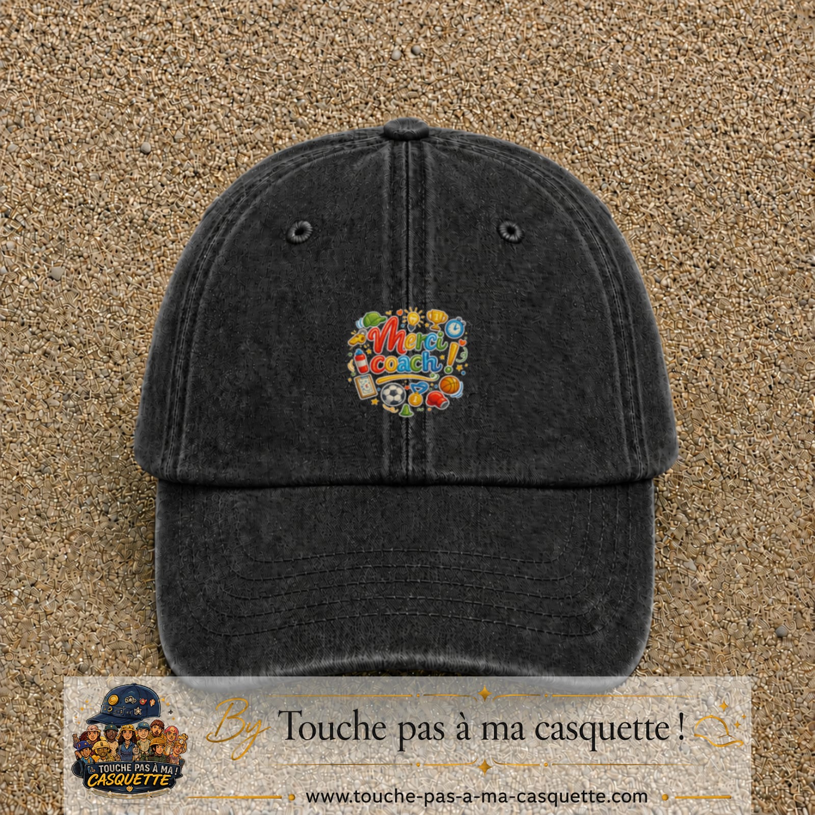 Casquette Noir délavé avec motif Merci coach multisport en 5 cm – vue principale