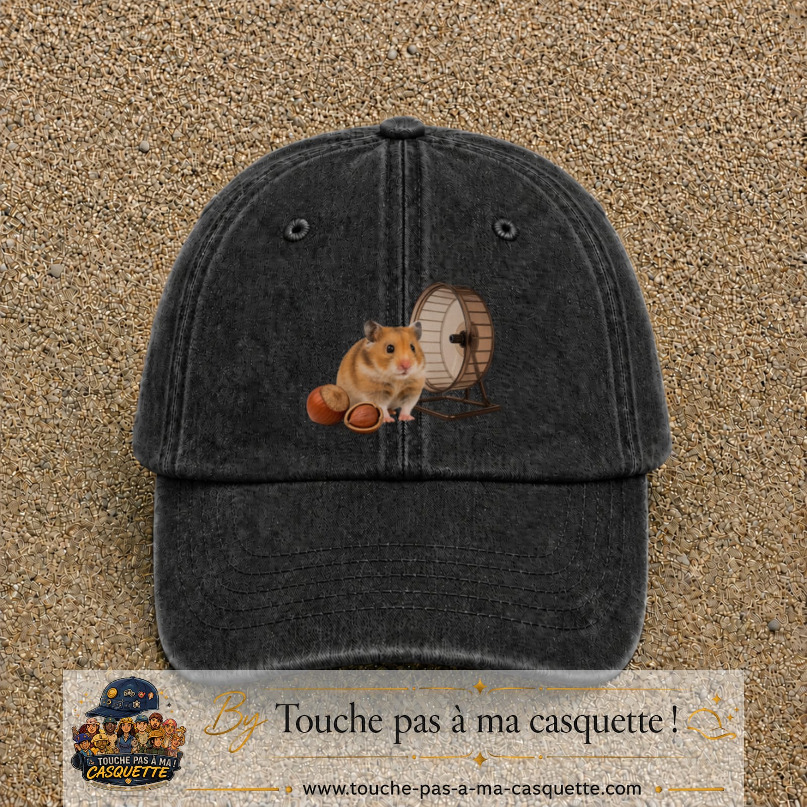 Casquette Noir délavé motif Hamster avec roue logo 7 cm