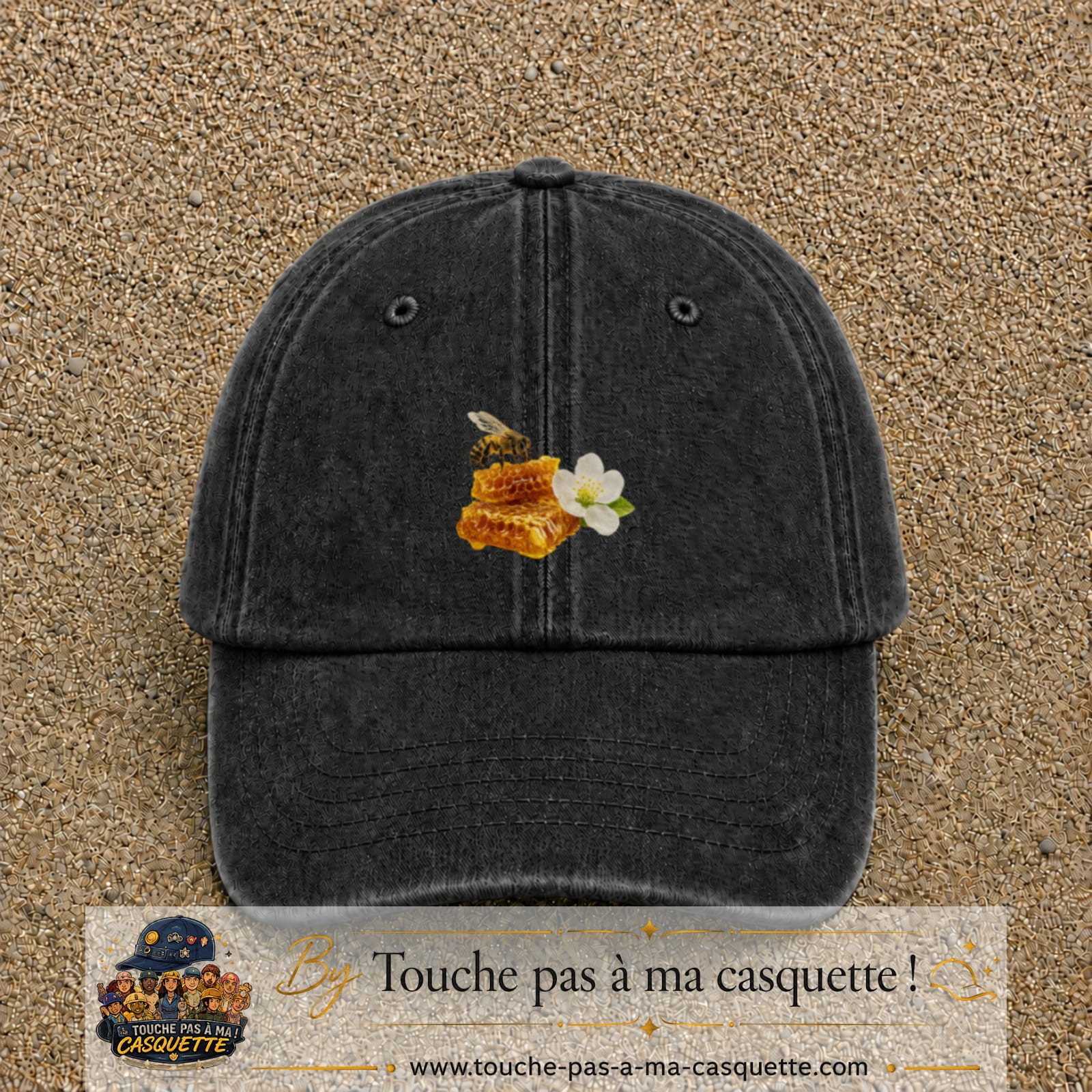 Image principale casquette Noir délavé avec motif Abeille et miel 5 cm