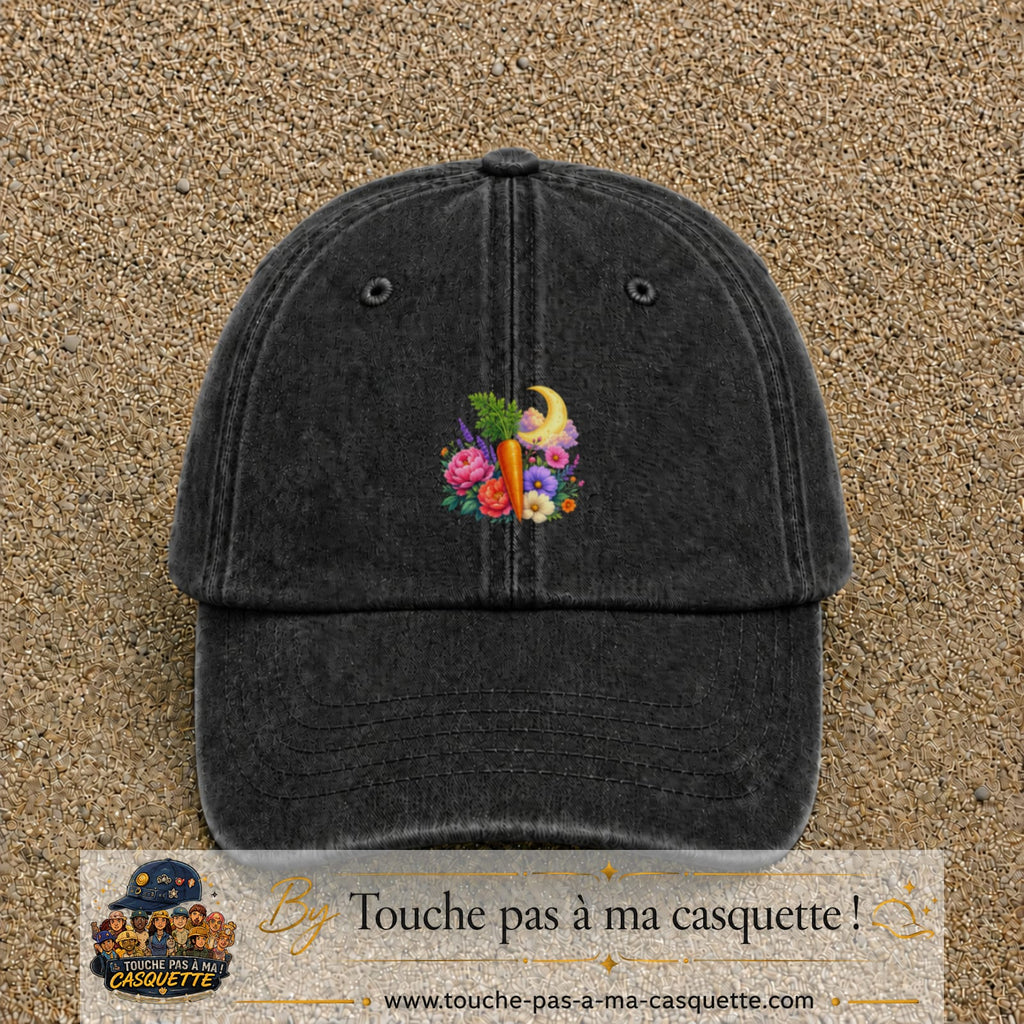 Casquette Noir délavé motif Jardin carotte fleuri logo 5 cm