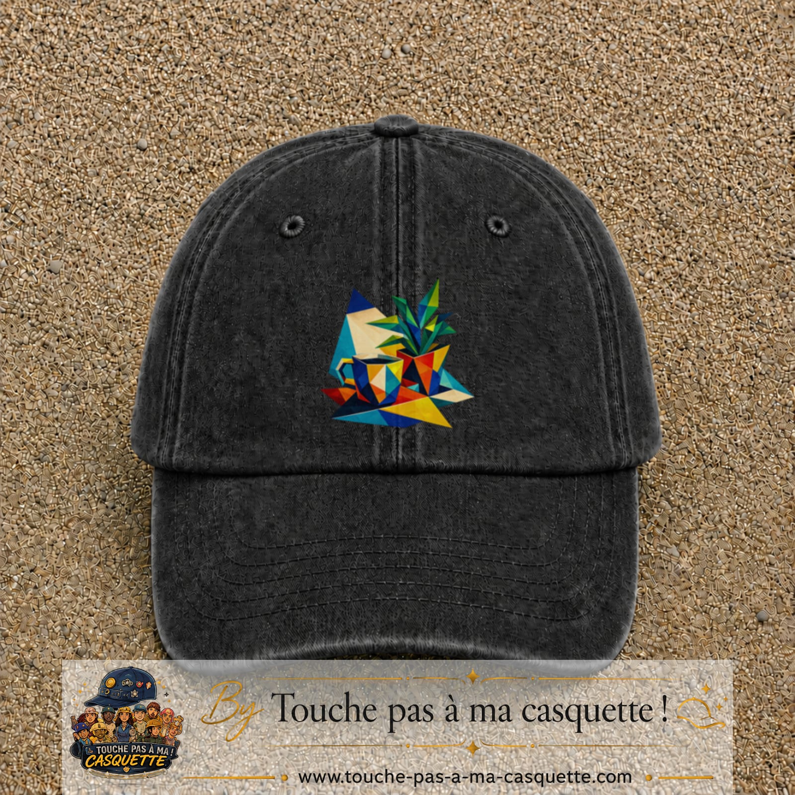 Casquette Noir délavé motif Plante graphique logo 7 cm
