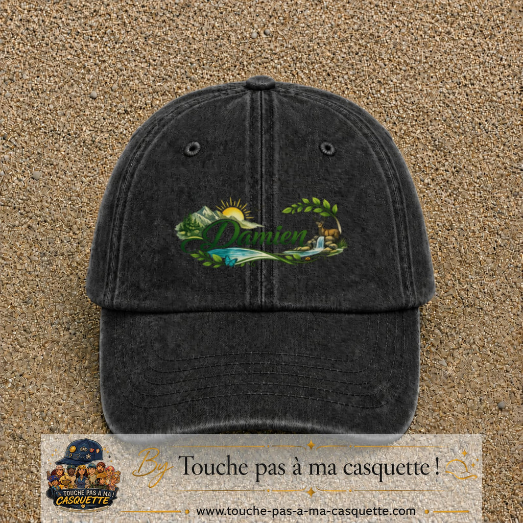 Casquette Noir délavé avec motif Prénom Damien nature et cerf en 5 cm – vue principale