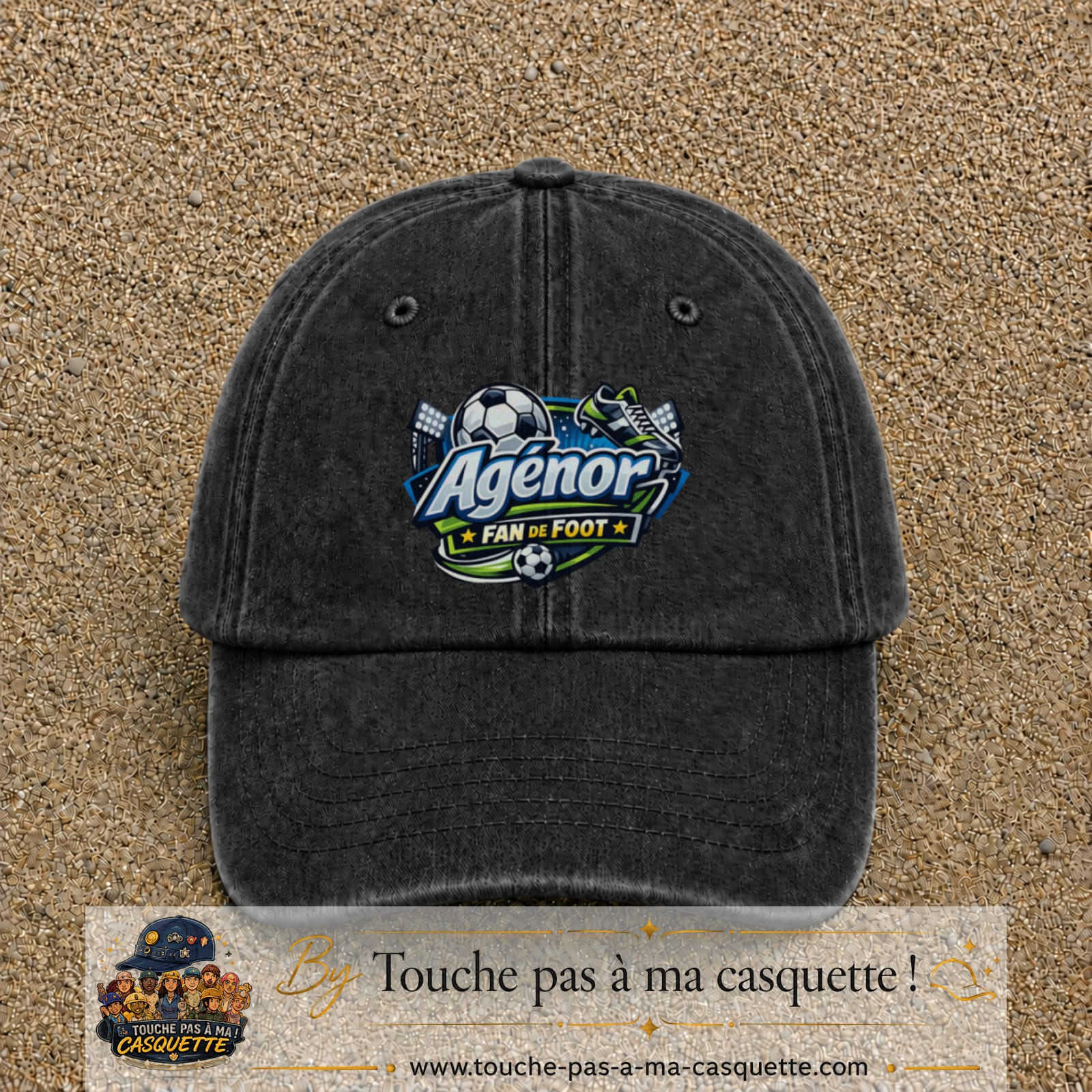 Casquette Noir délavé avec motif Agénor fan de foot en 7 cm – vue principale