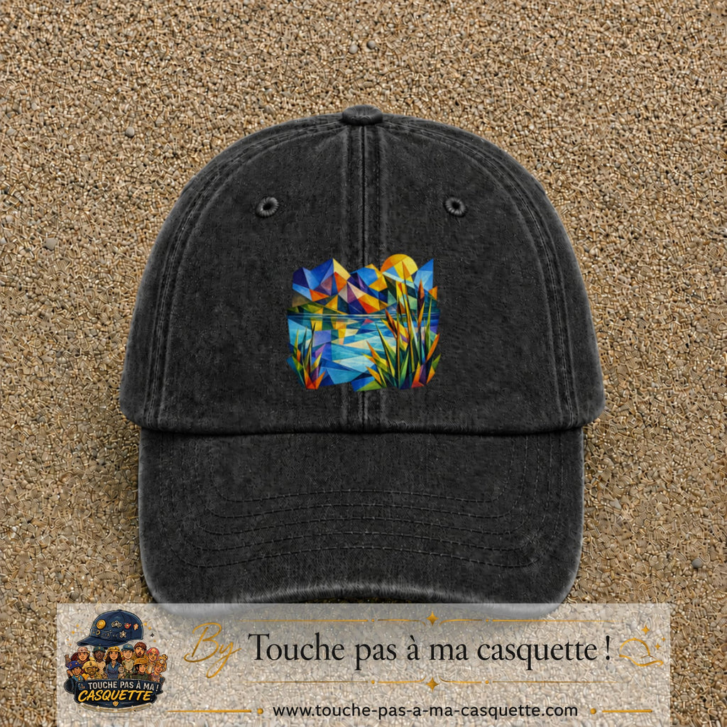 Casquette Noir délavé motif Paysage tropical géométrique logo 7 cm